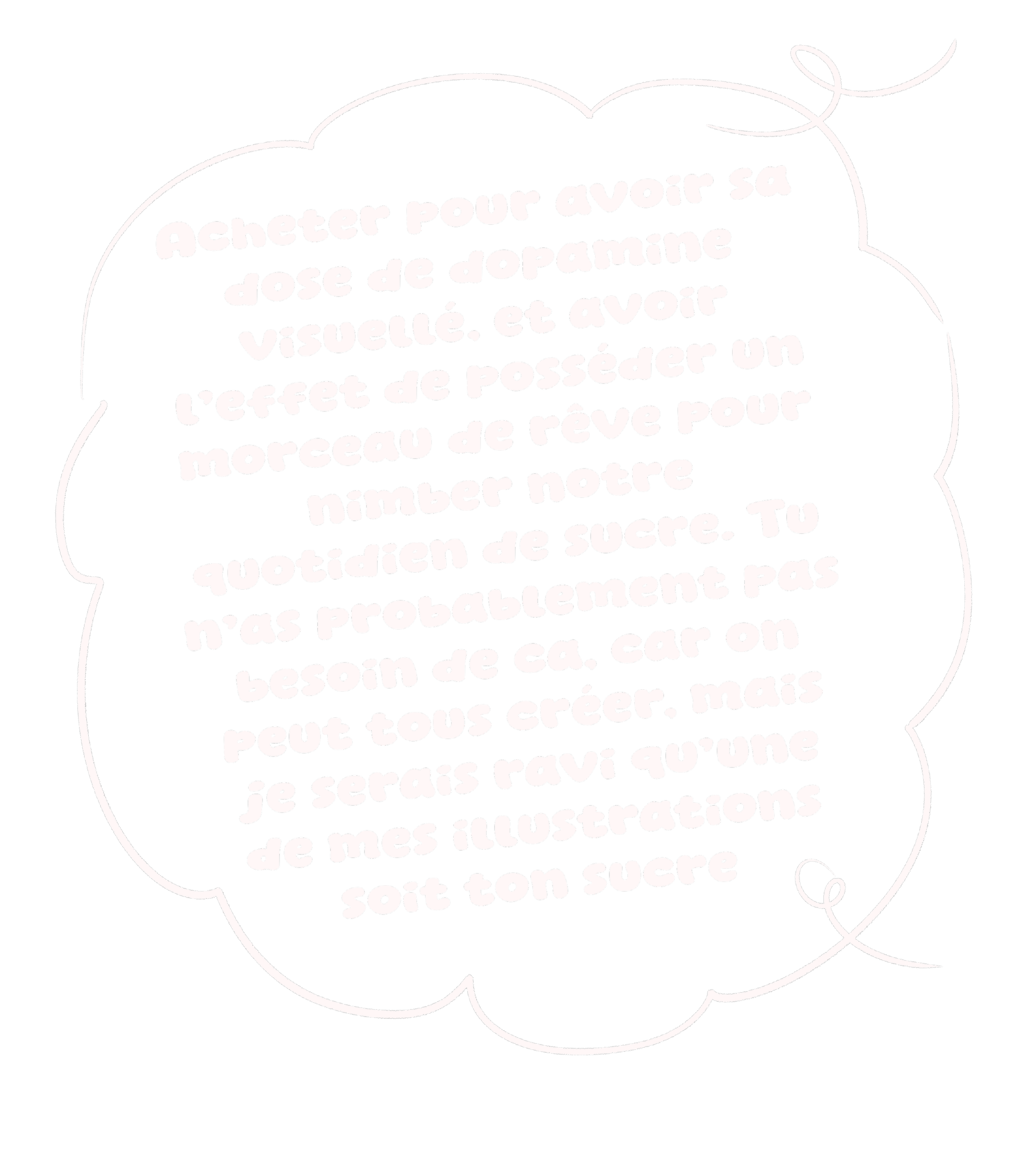 White handwritten text in a speech bubble on a black background, describing how to buy a visual Dopamine dose and dream fragment for daily life and sugar.