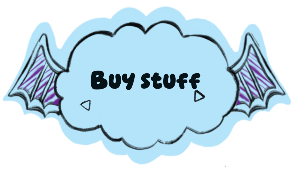 A blue cloud-shaped graphic with bat wings and the text 'Buy Stuff' in bold black letters.