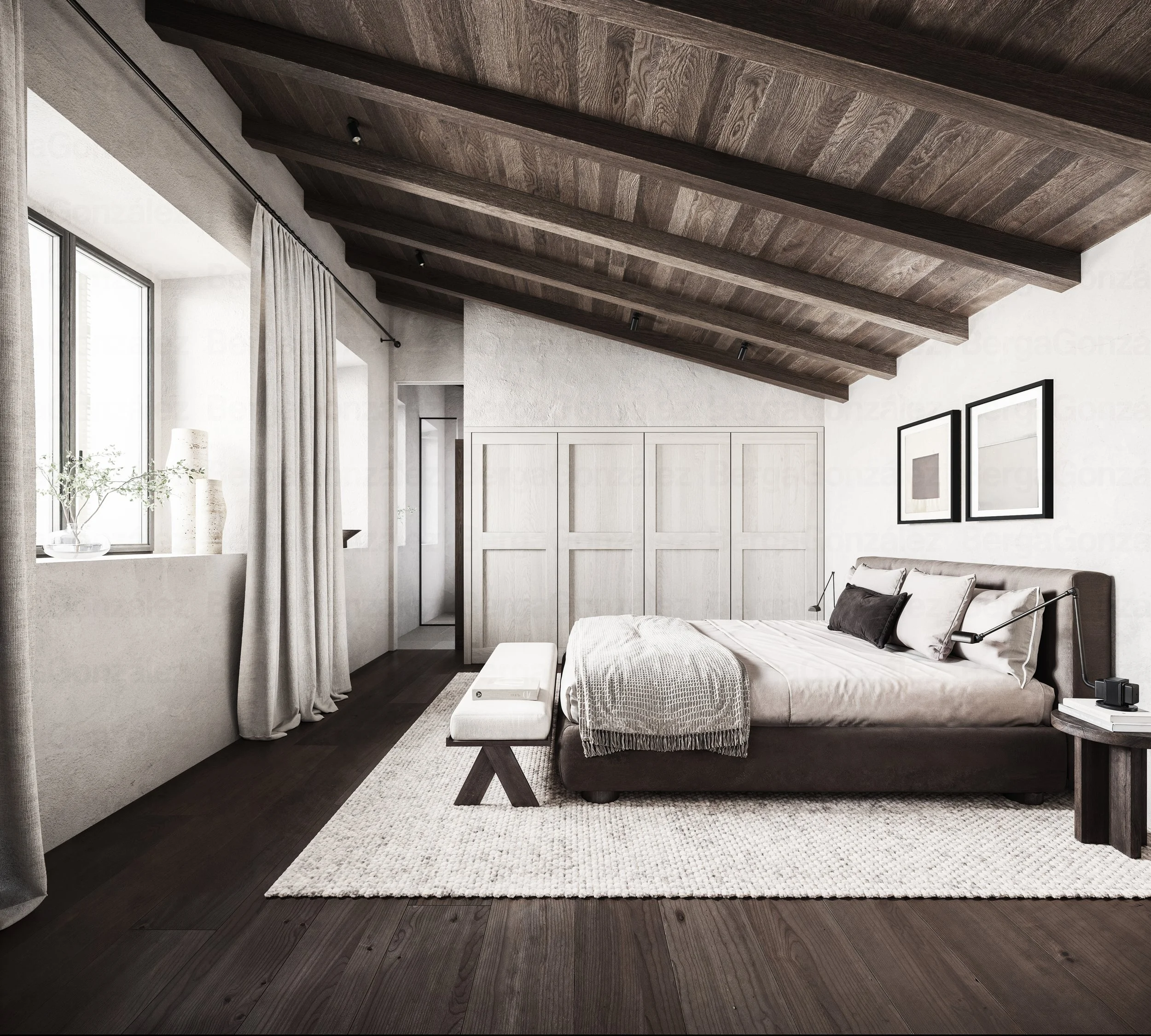 A modern bedroom with a sloped wooden ceiling, white textured walls, large window with curtains, a bed with white and black pillows, dark wood flooring, a beige rug, and minimalist decor including framed artwork and a small bench at the foot of the b