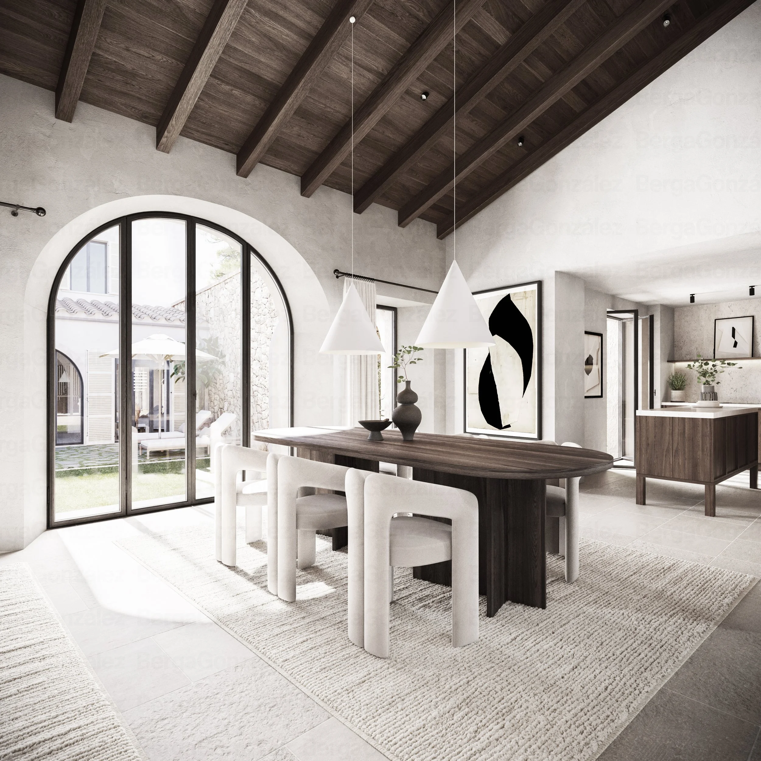 Modern dining room with a wooden table, four white chairs, large arched window, pendant lights, and contemporary artwork, with a view of an outdoor patio.