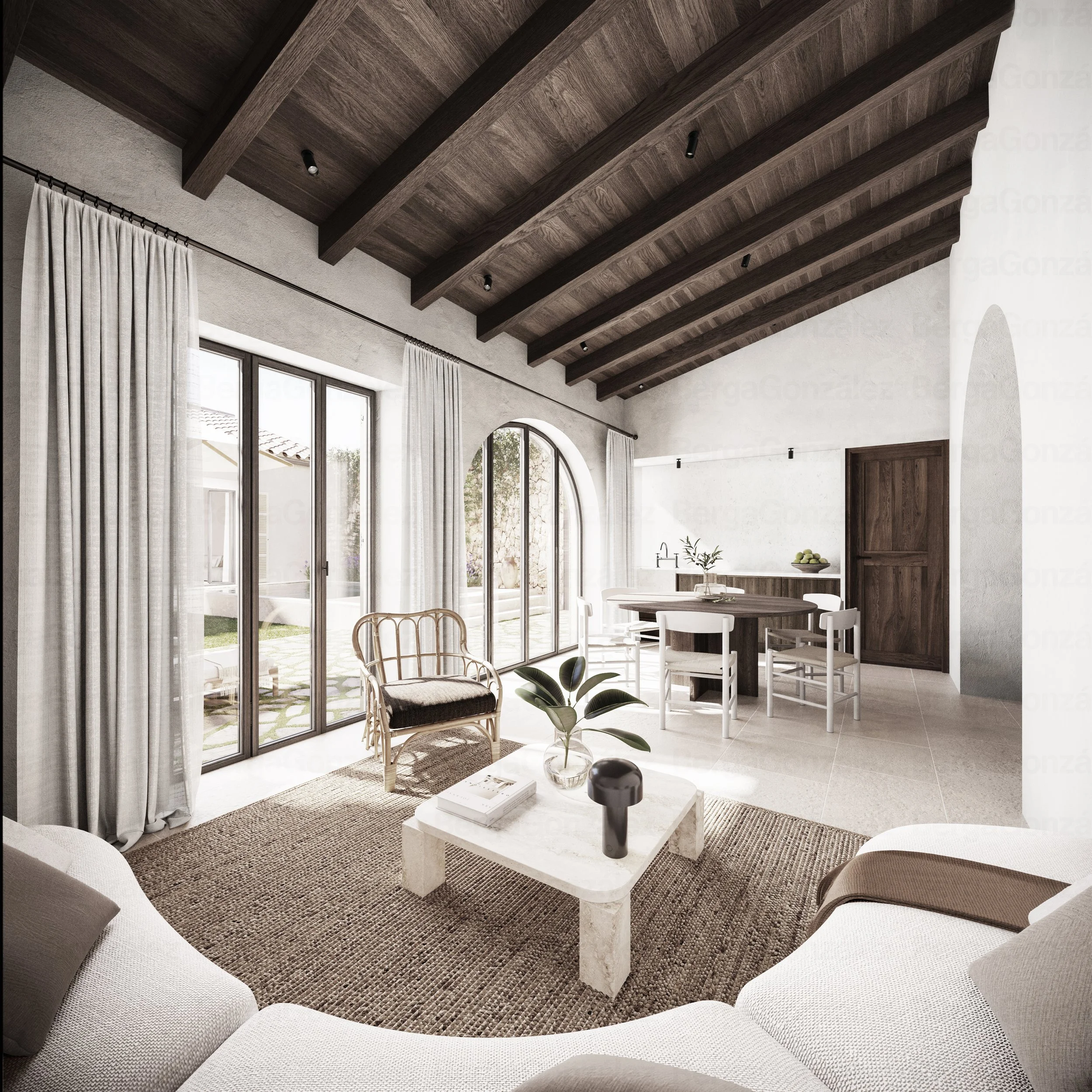 Bright living room with large glass sliding doors, white curtains, wooden ceiling beams, white sofas, a coffee table with books and plants, and a dining area with a round table and white chairs.
