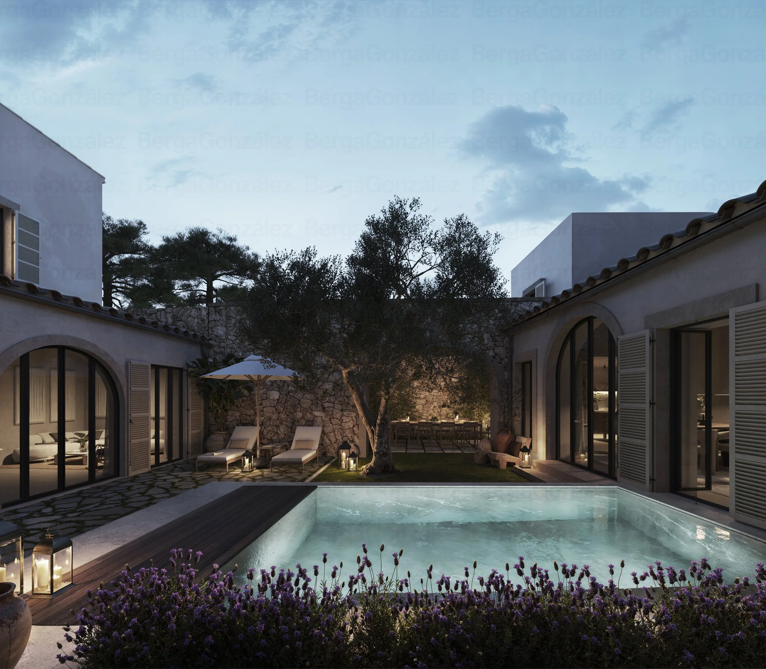A backyard scene featuring a swimming pool surrounded by lounge chairs, an umbrella, and potted plants, with a stone wall and trees in the background during dusk.