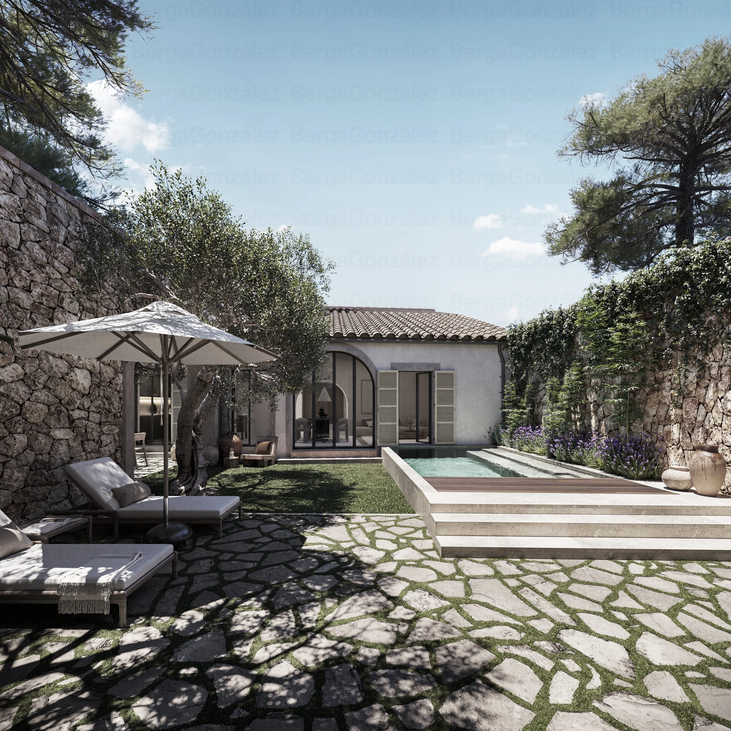 A luxurious backyard with stone paving, a small pool, lounge chairs, and a shaded seating area surrounded by stone walls and lush greenery.