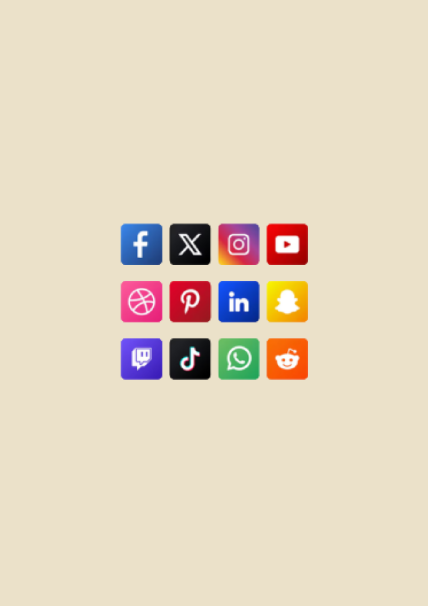 Sammlung von sozialen Medien-Icons auf einem beige Hintergrund, darunter Facebook, X, Instagram, YouTube, Pinterest, LinkedIn, Snapchat, Twitch, TikTok, WhatsApp und Reddit.