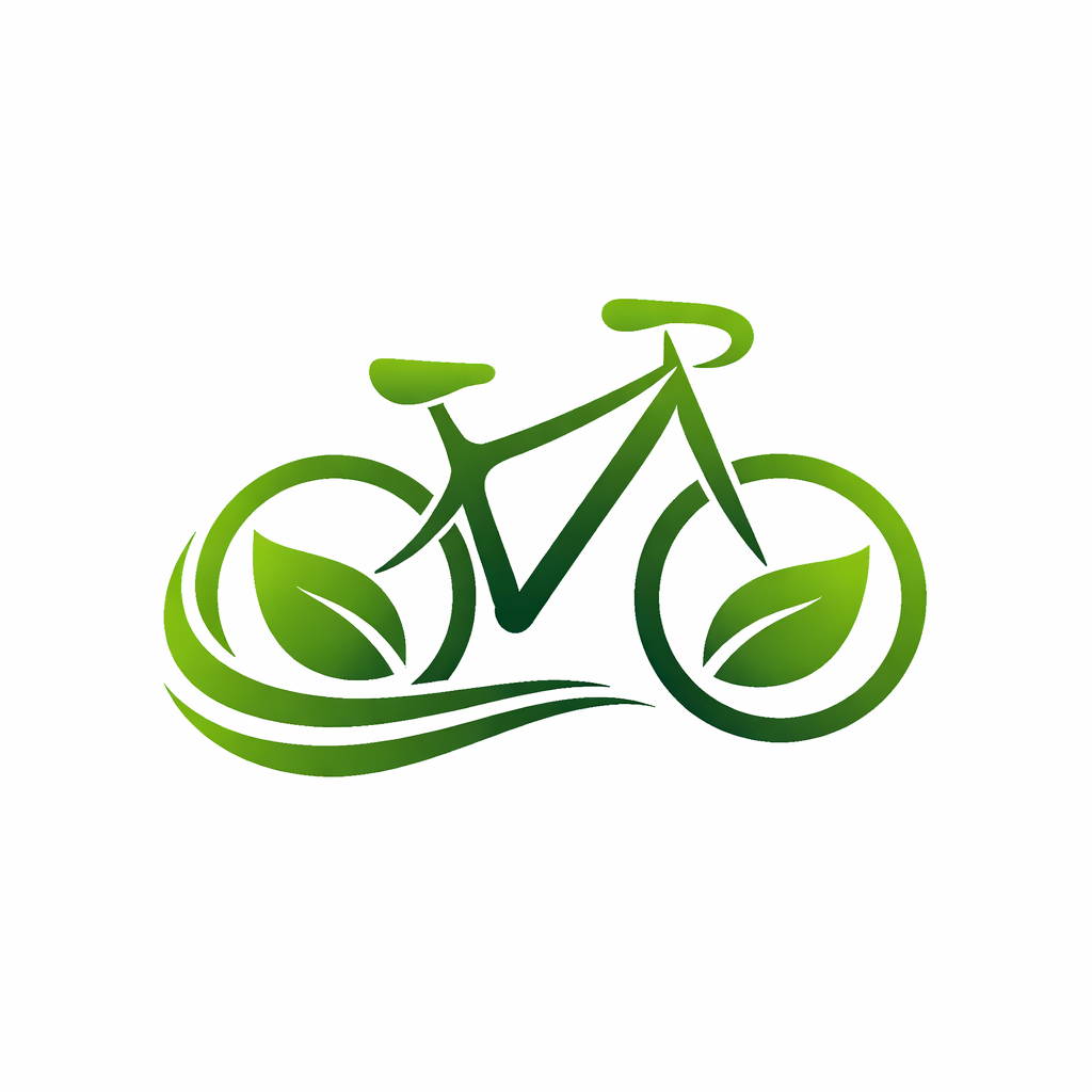A green bicycle icon with leaves incorporated into the wheels and a simple frame, representing eco-friendly transportation.