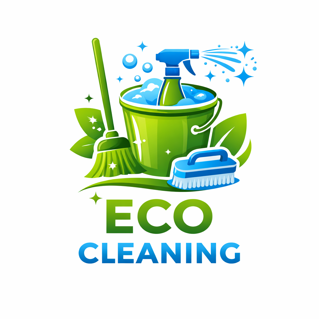 Eco cleaning logo with a green bucket filled with soapy water, a spray bottle, a cleaning brush, and a mop, surrounded by leaves and sparkles, with the words 'ECO CLEANING' below.