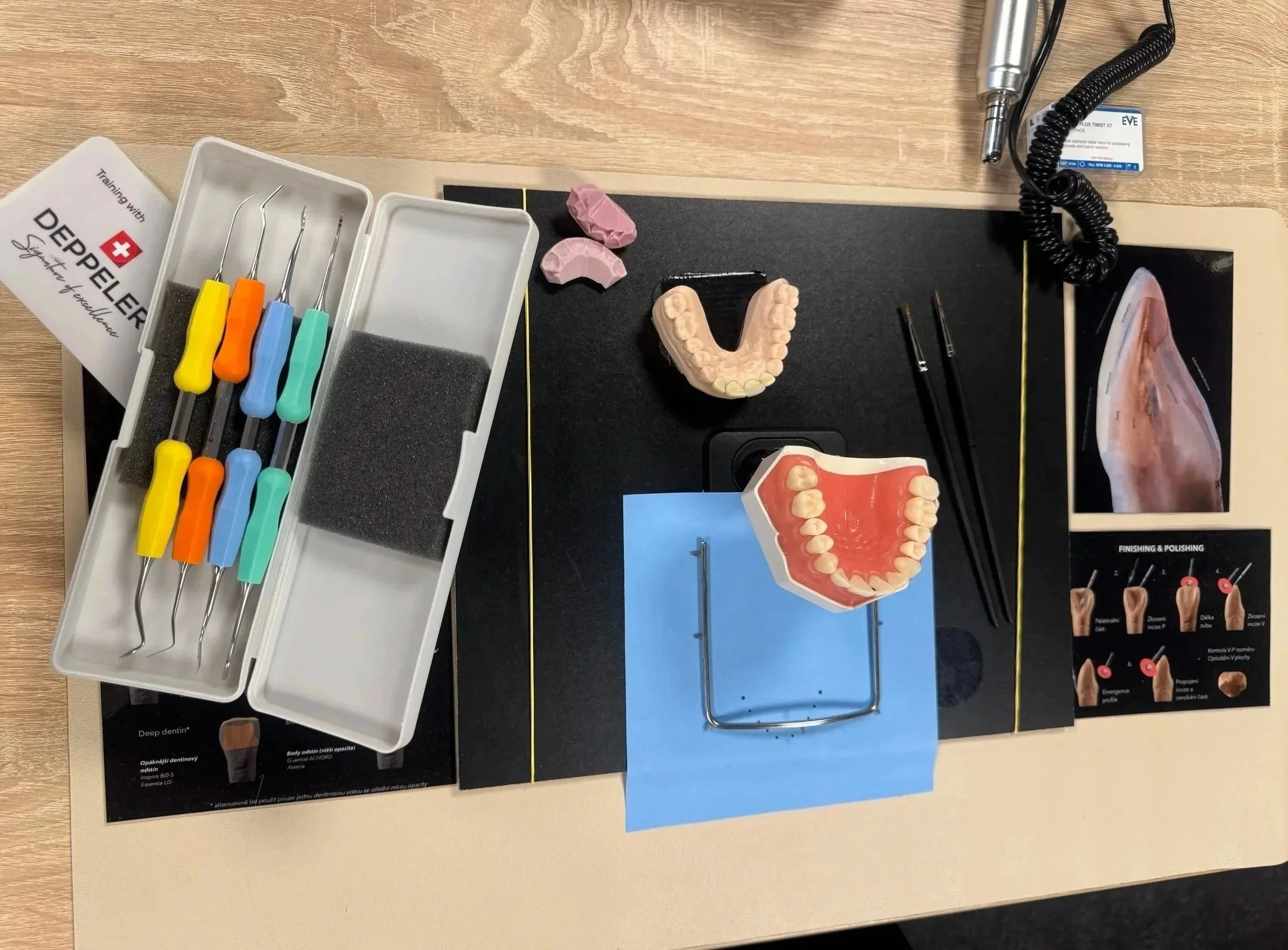 Dental instruments and composite tools used for aesthetic restorations, layering techniques and hands-on training. 