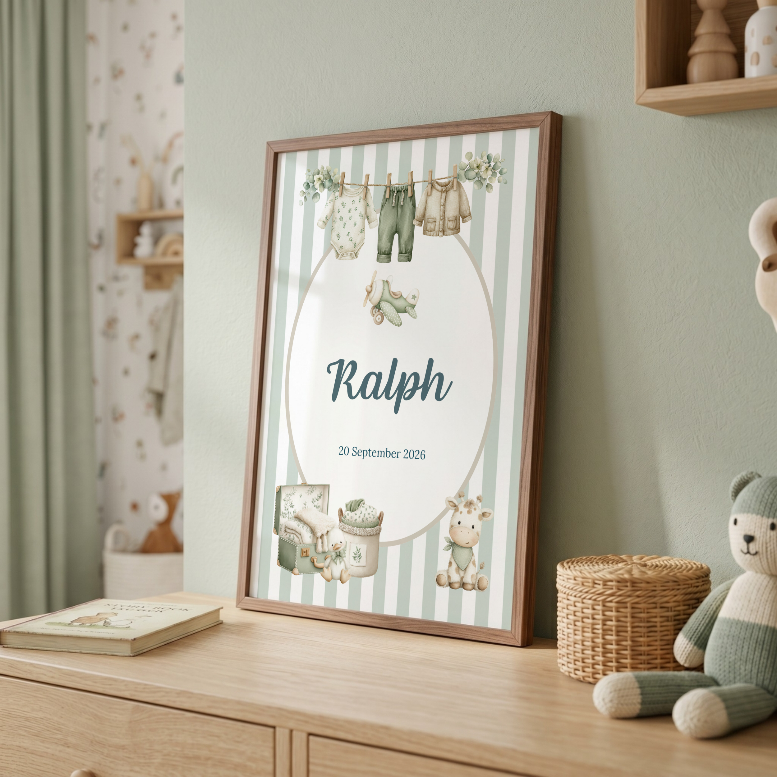 Sage Green Stripe Baby Boy Nursery Print