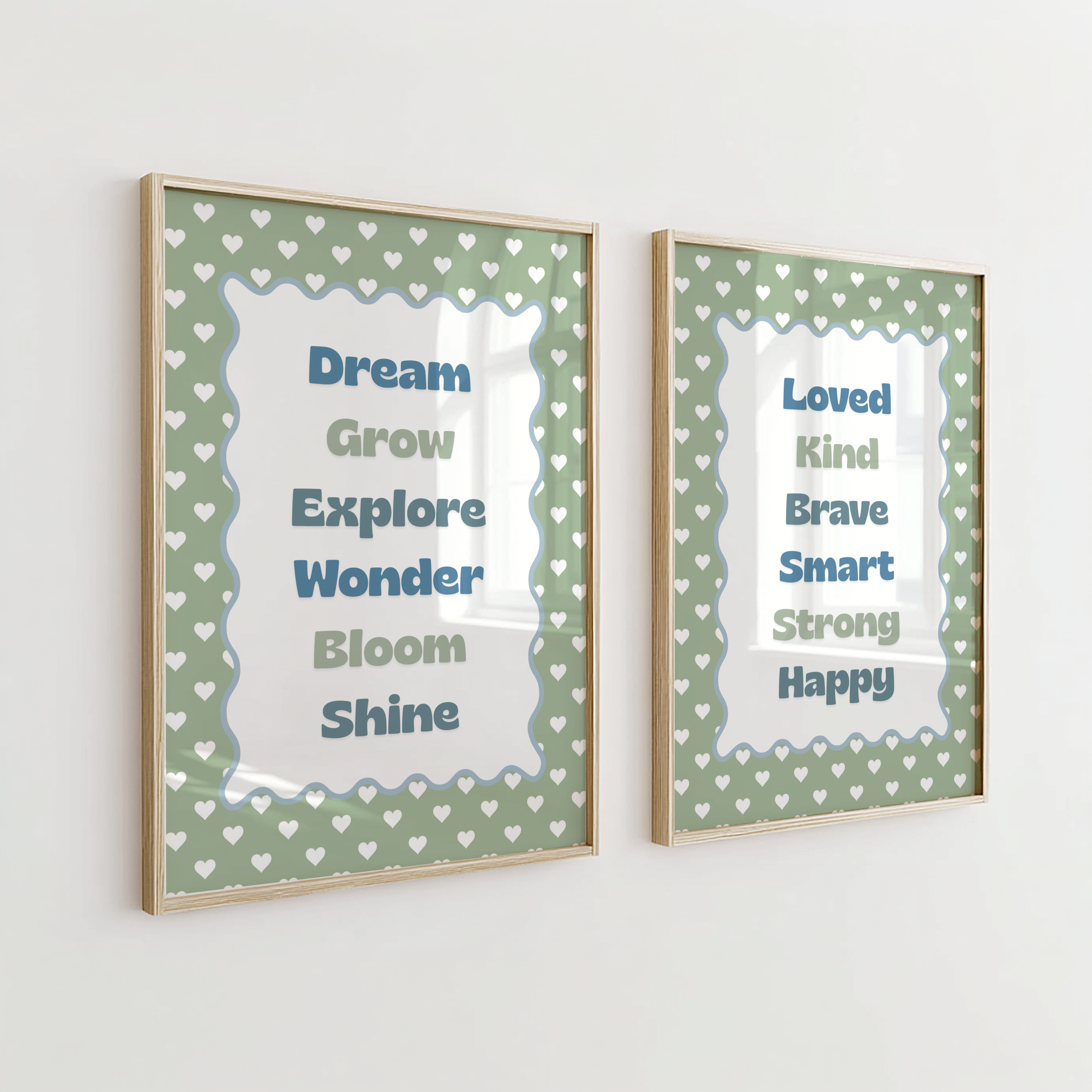 sage Green Hearts Affirmation Print Set