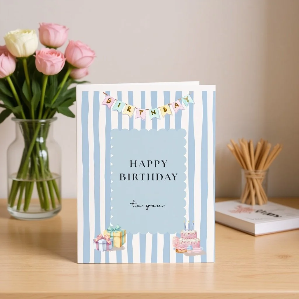 Pastel Stripe Cakes & Gifts Birthday Card