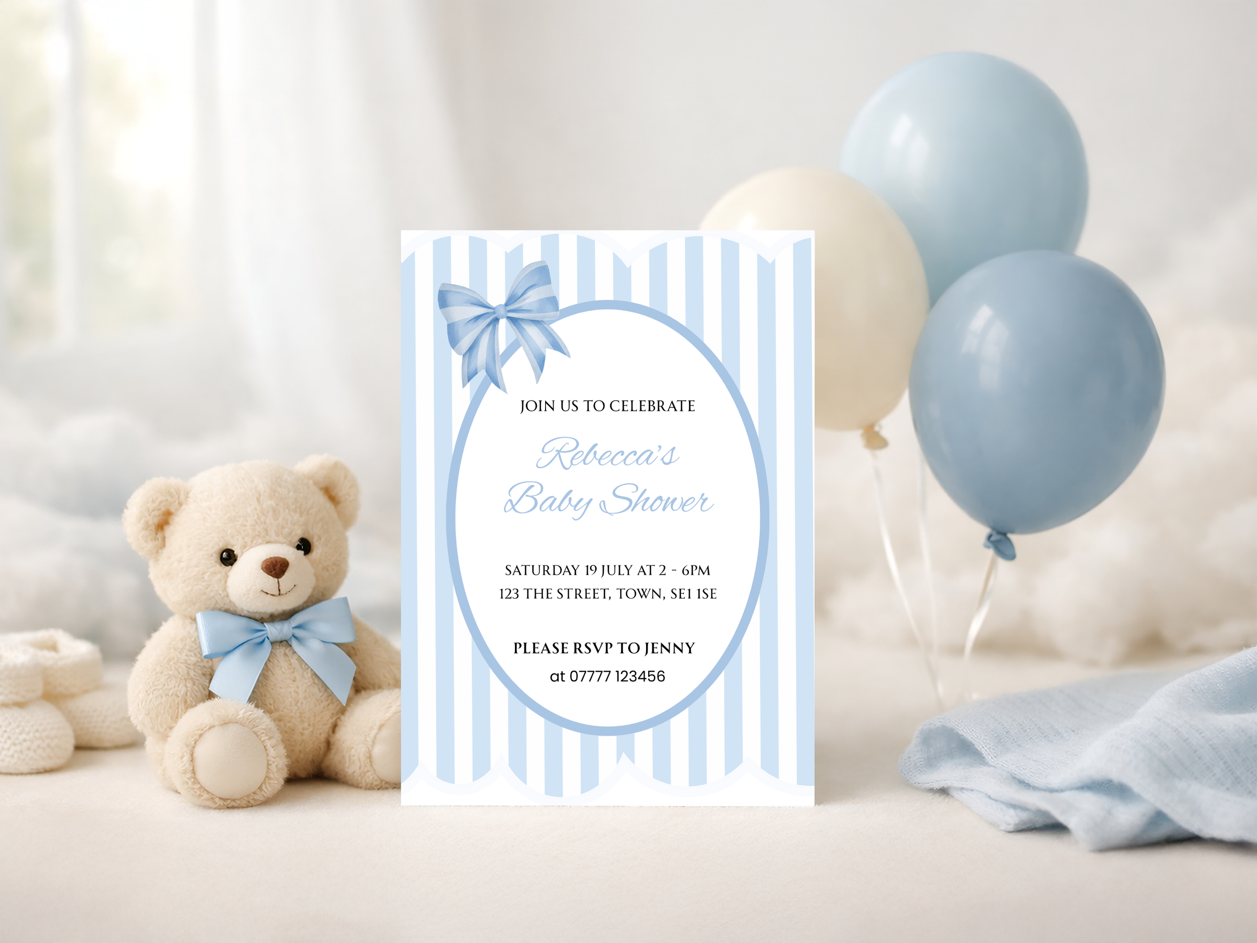 Curved Blue Stripes & Bow Baby Shower Invite
