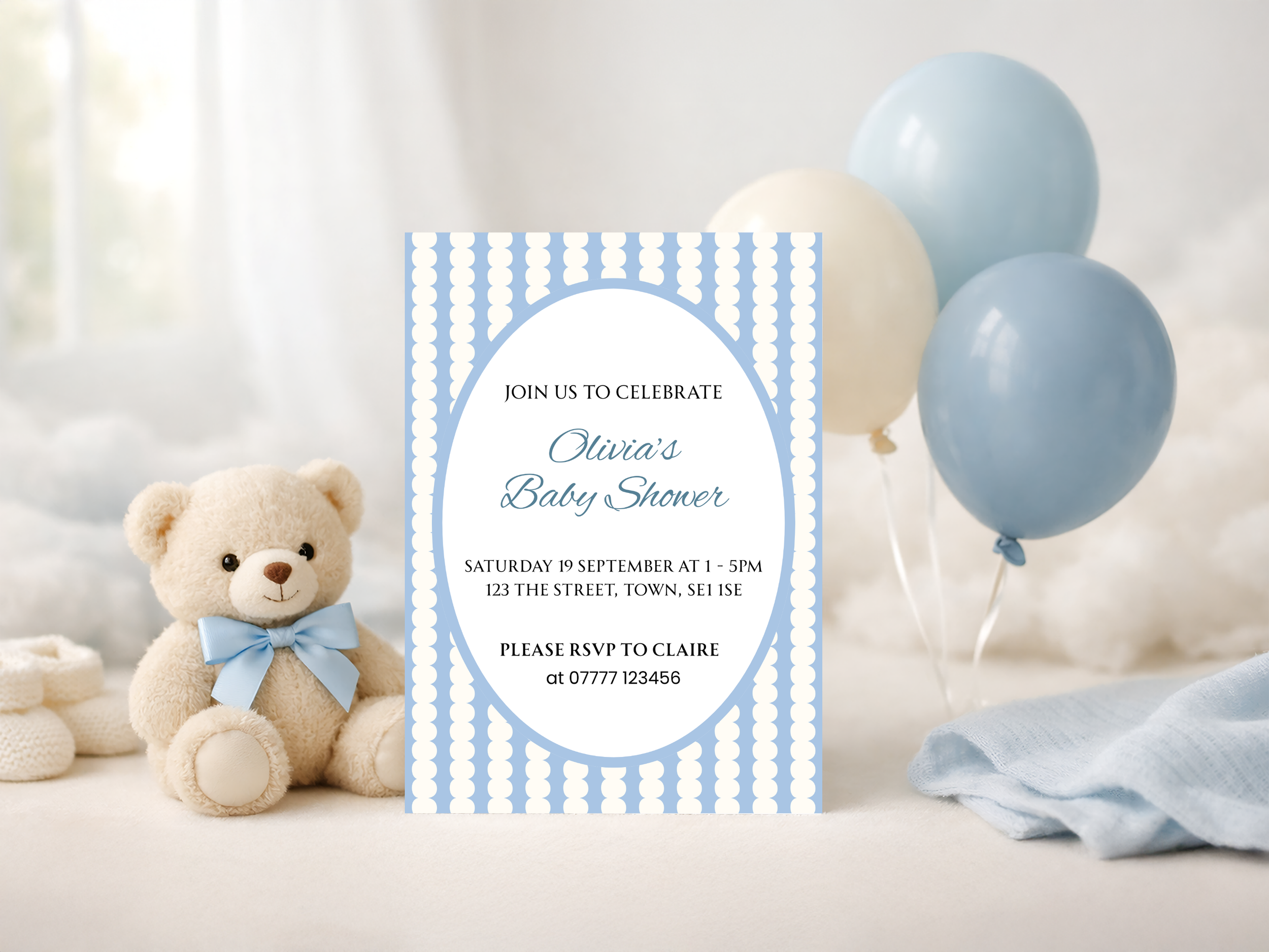 Blue & White Scalloped Baby Shower Invitation