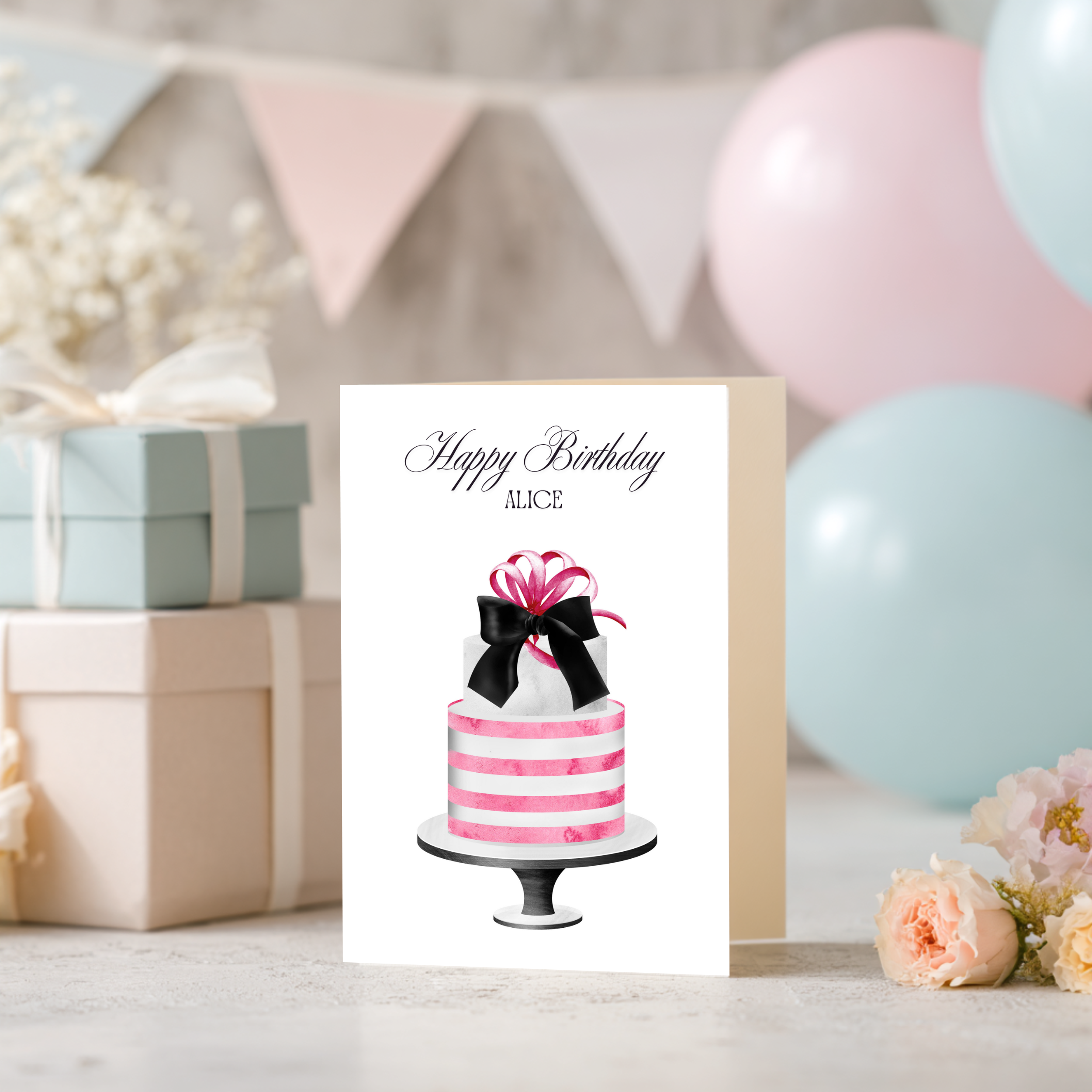 Pink Stripe Cake Birthday Card