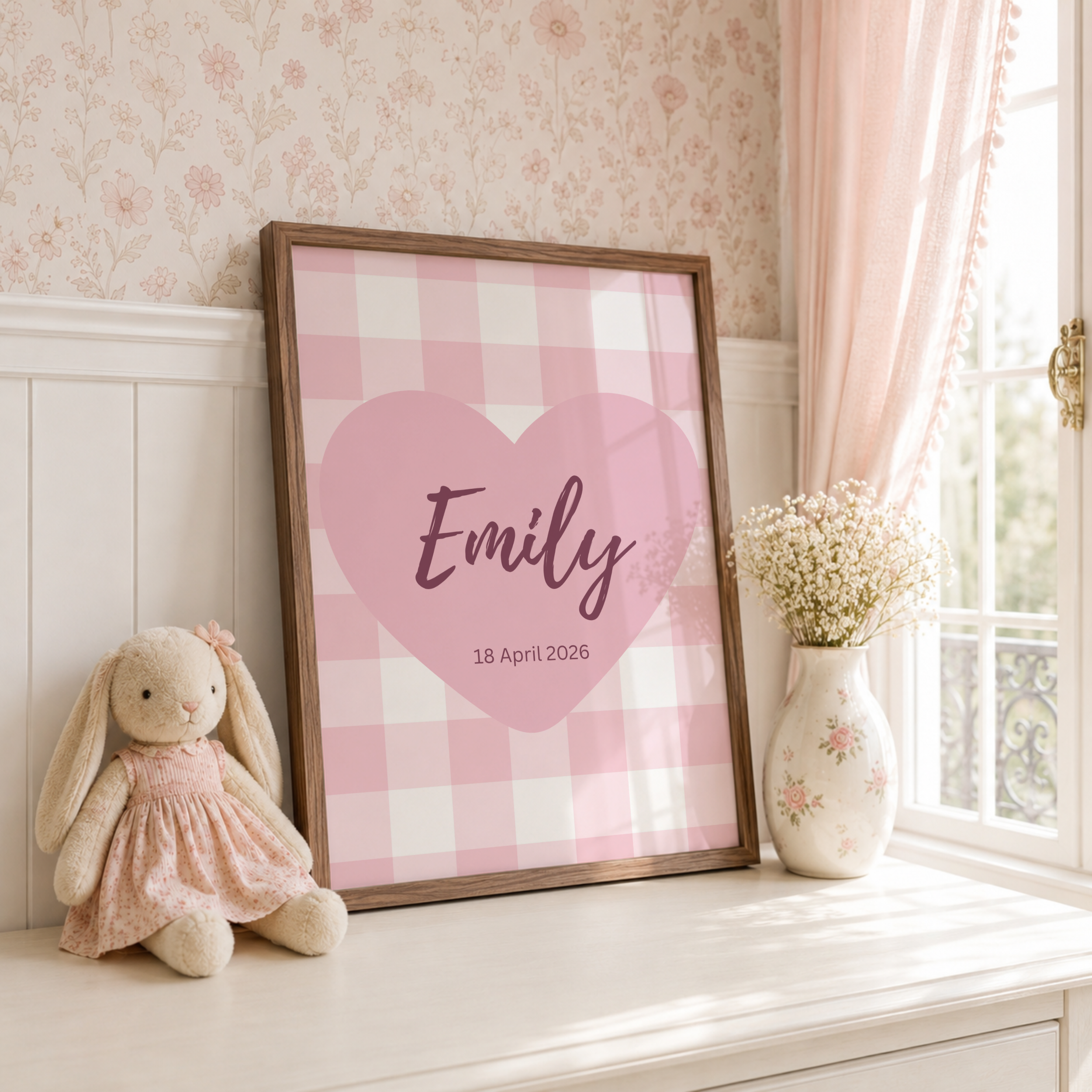 Pink Gingham Nursery Name Print