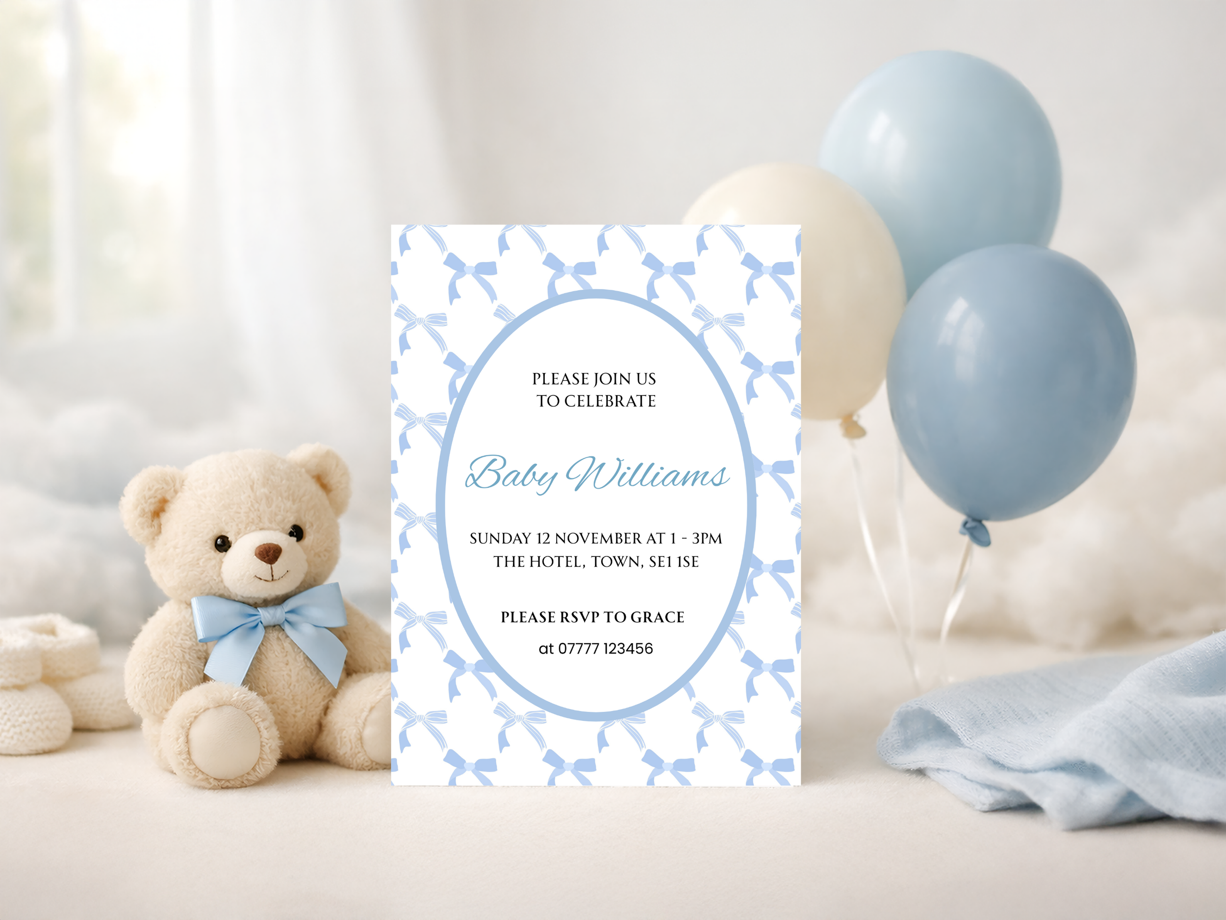 Blue Bow Baby Shower Invitation