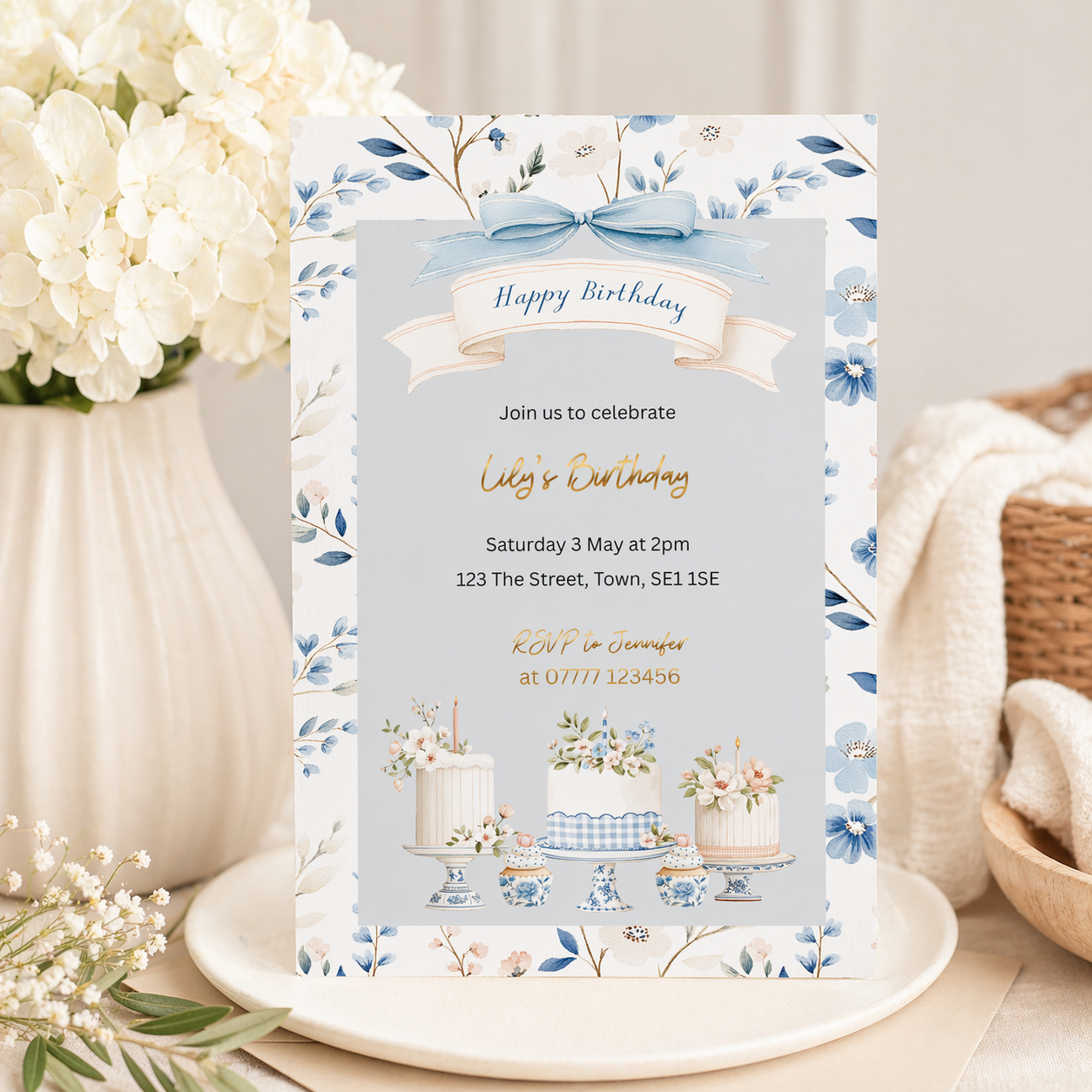 Blue Floral Cake Theme Birthday Invitation
