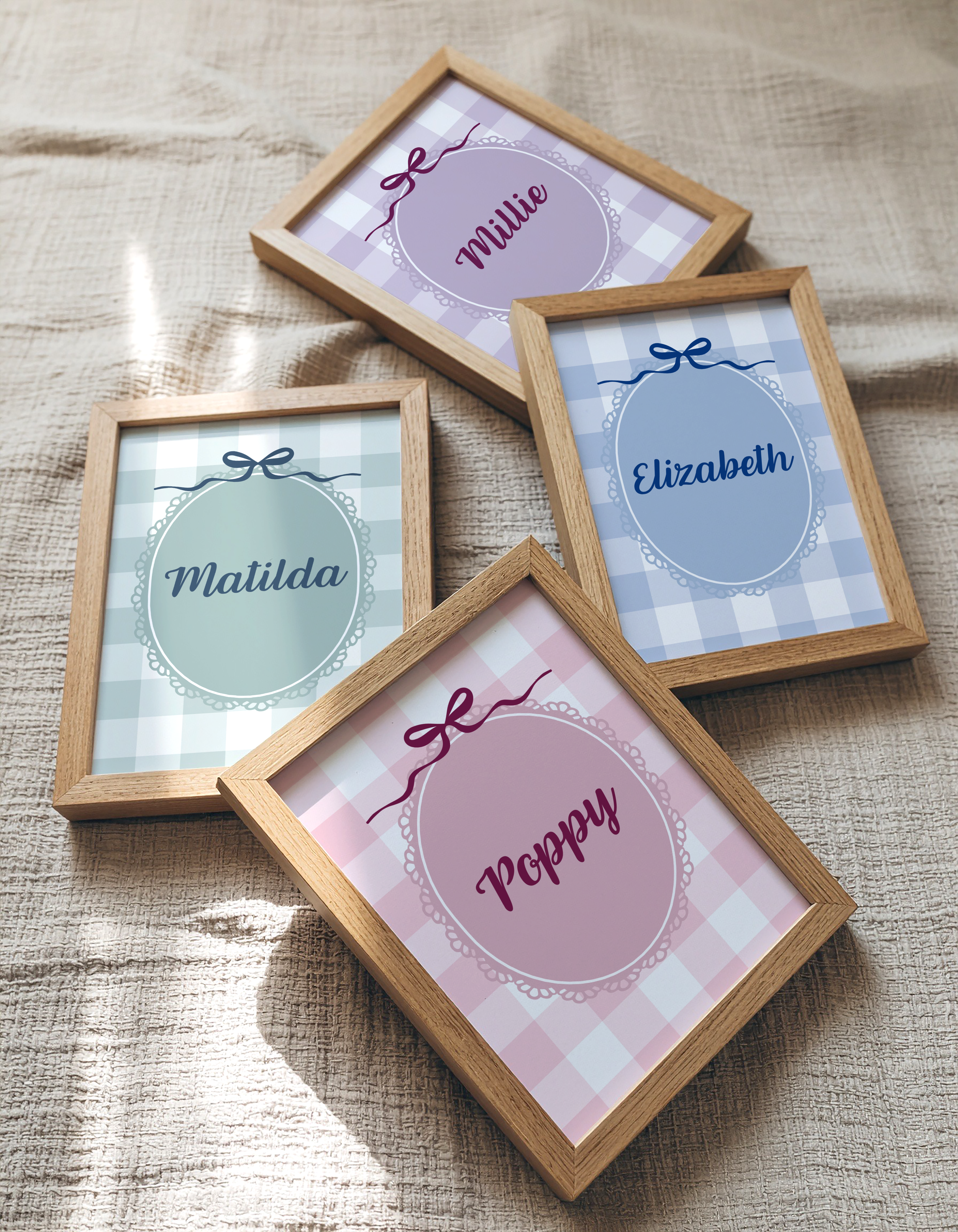 Pastel Gingham Bow Frame Name Print