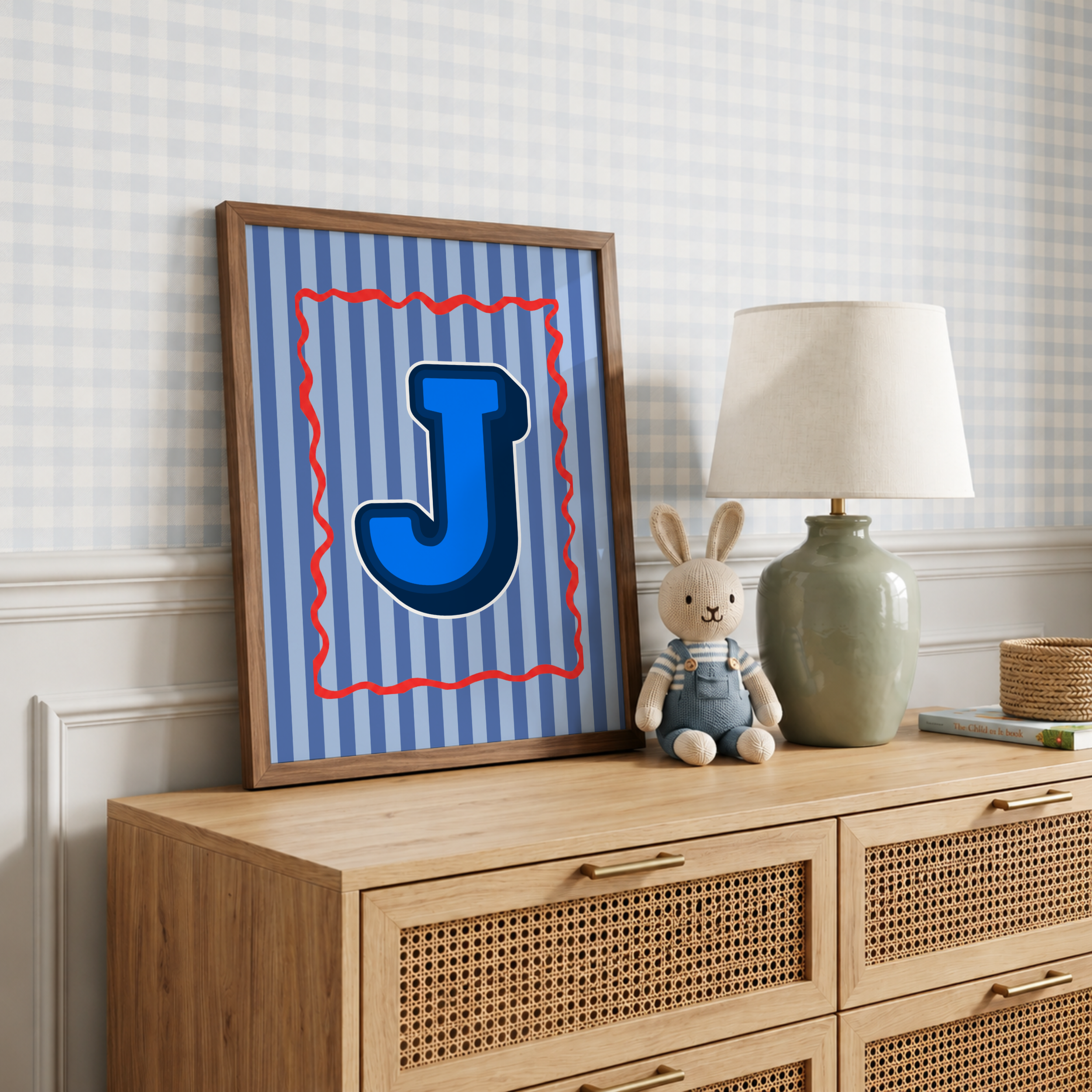 Blue Stripe & Red Frame Initial Print