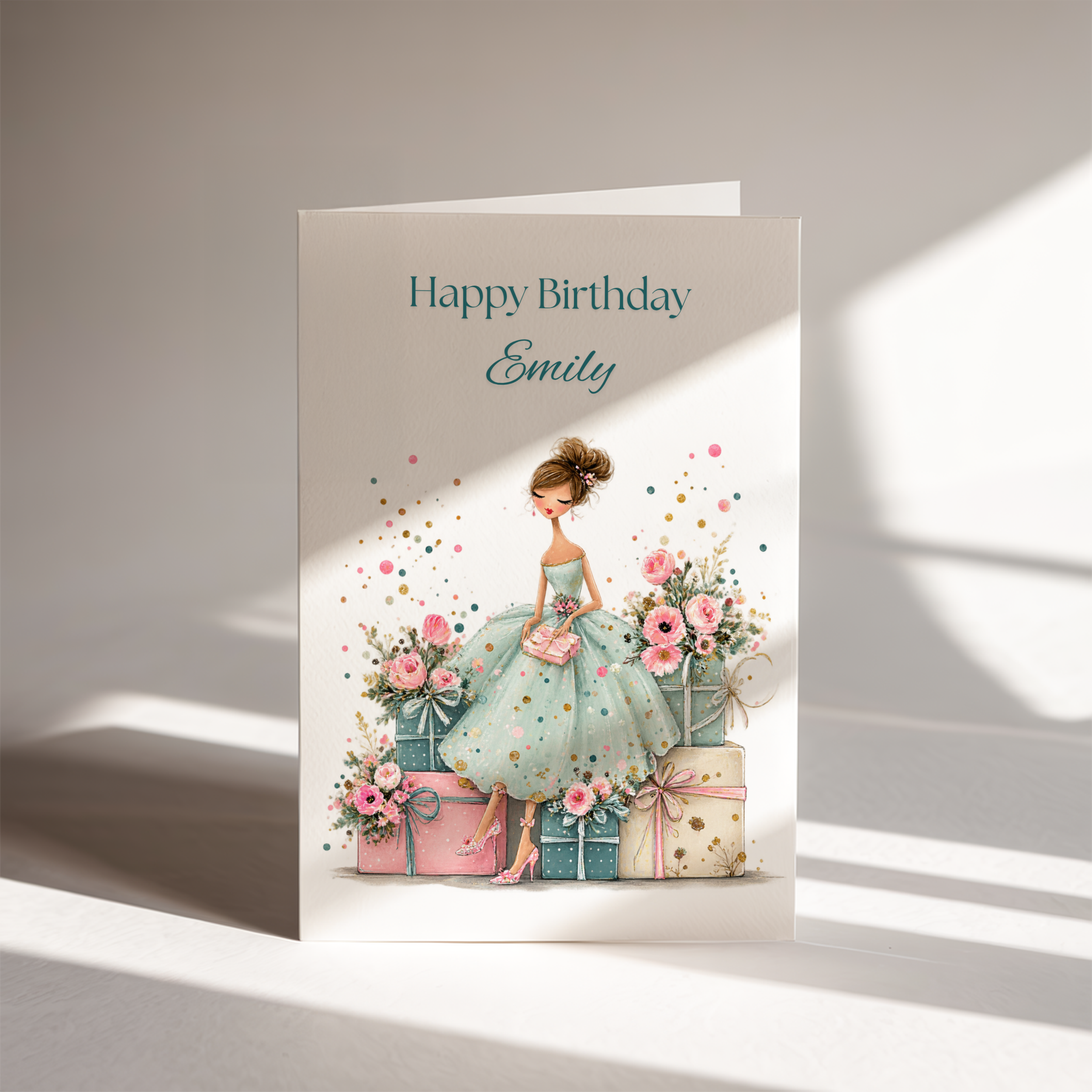 Pastel Blue Dress & Presents Birthday Card