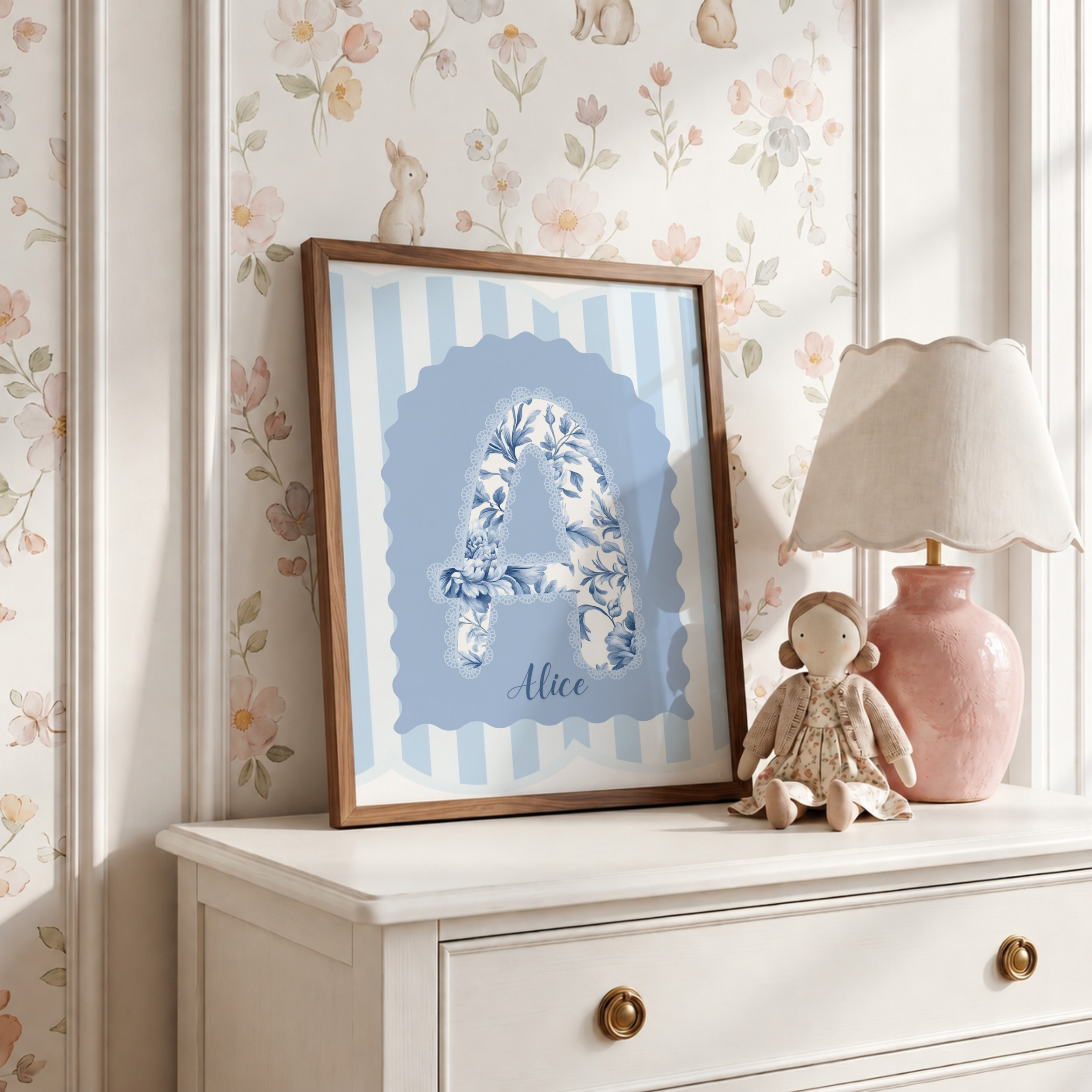 Blue Stripes & Floral Initial Custom Name Print
