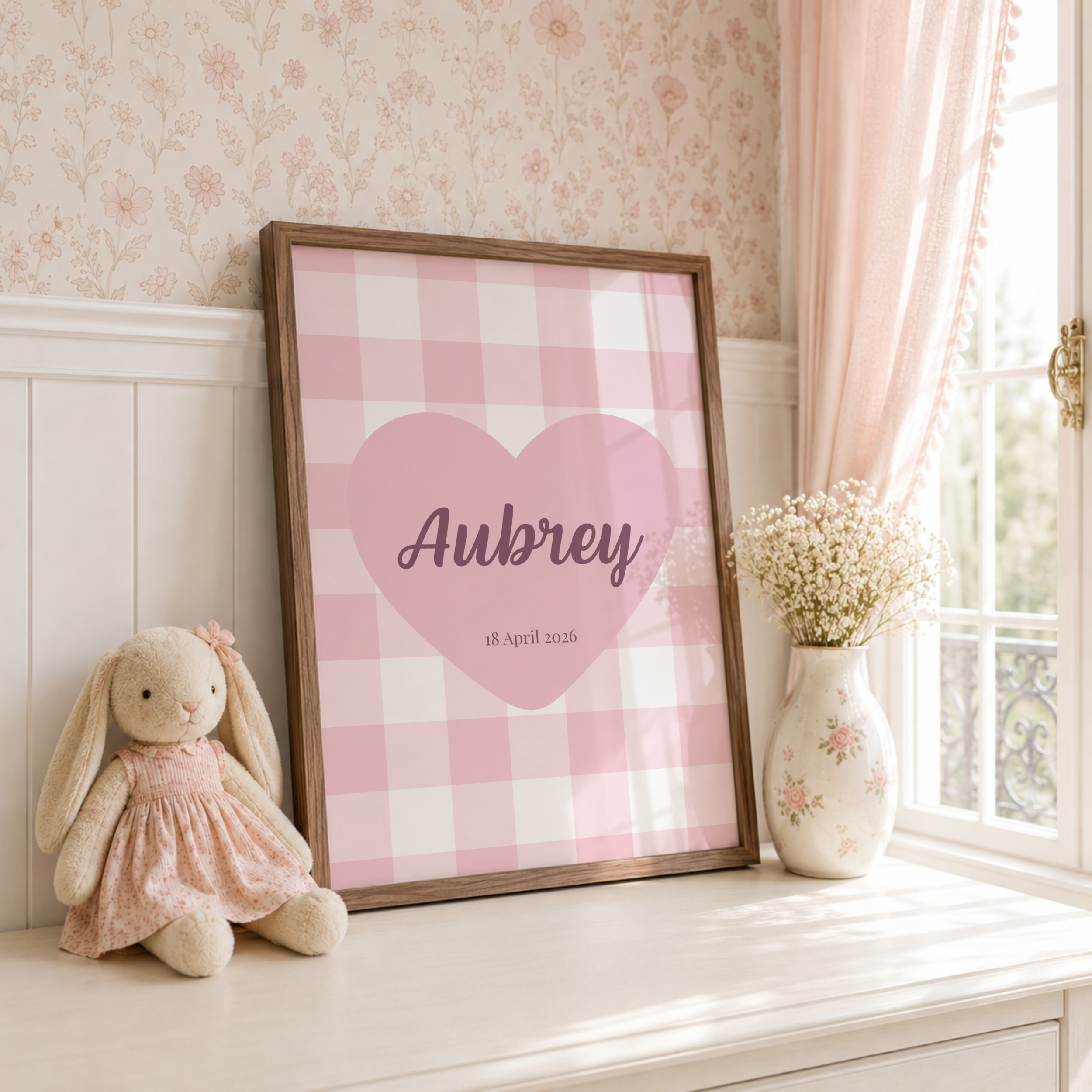 Girls Pink Gingham Personalised Nursery Name Print