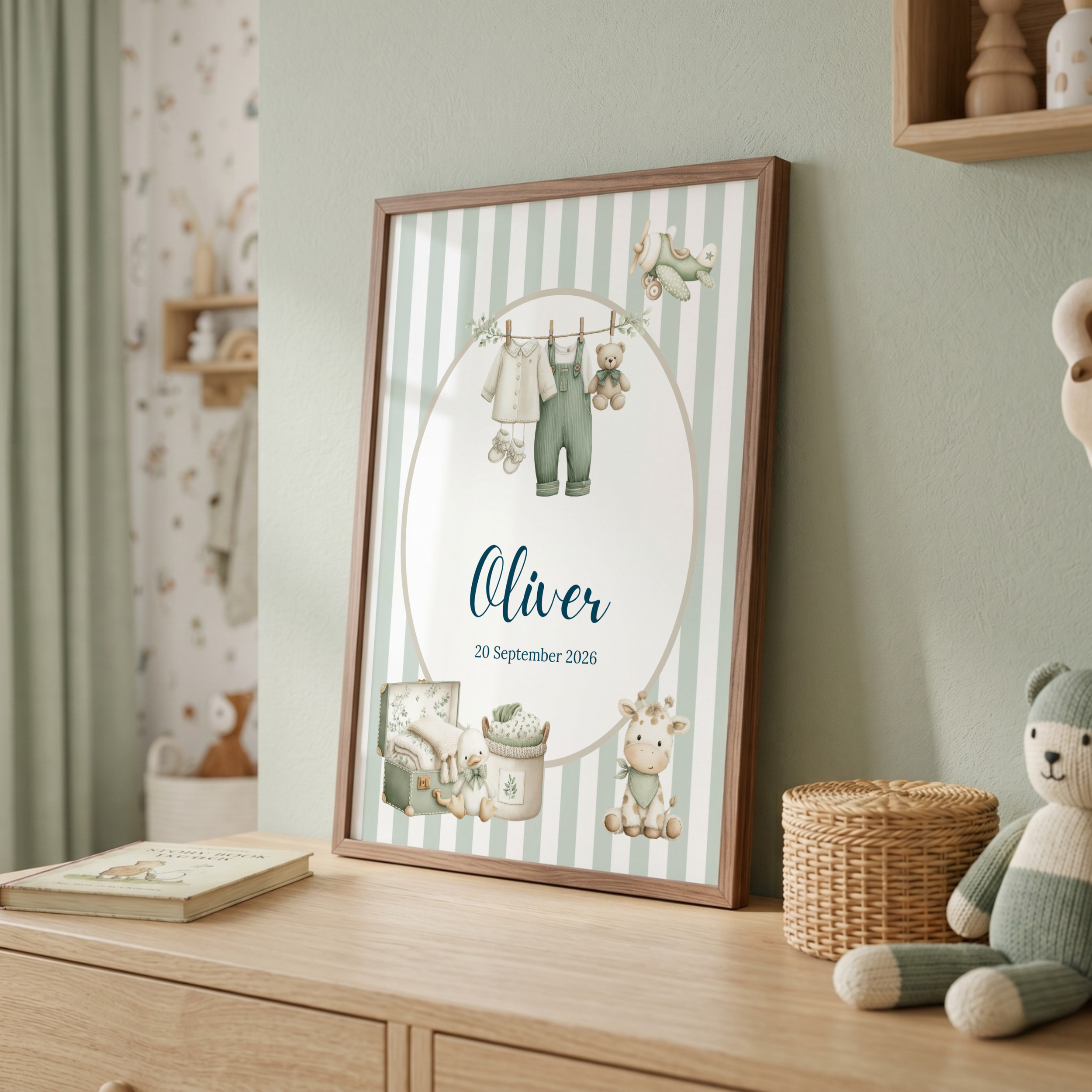 Sage Green Stripe Baby Boy Nursery Print