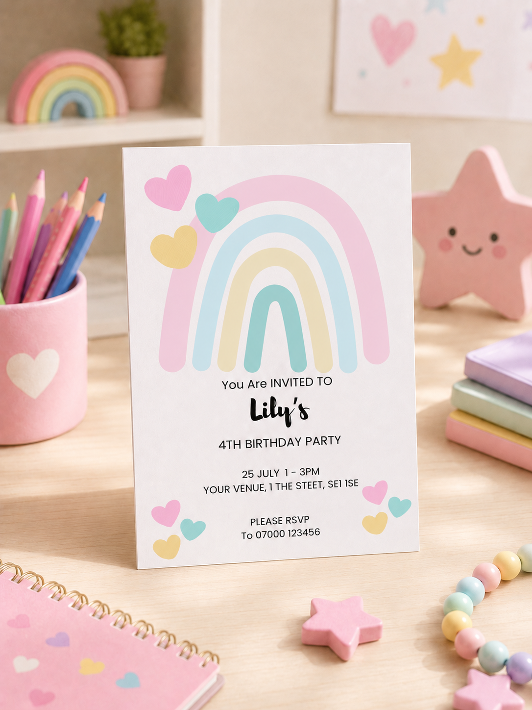 Pastel Rainbow Hearts Party Invitation