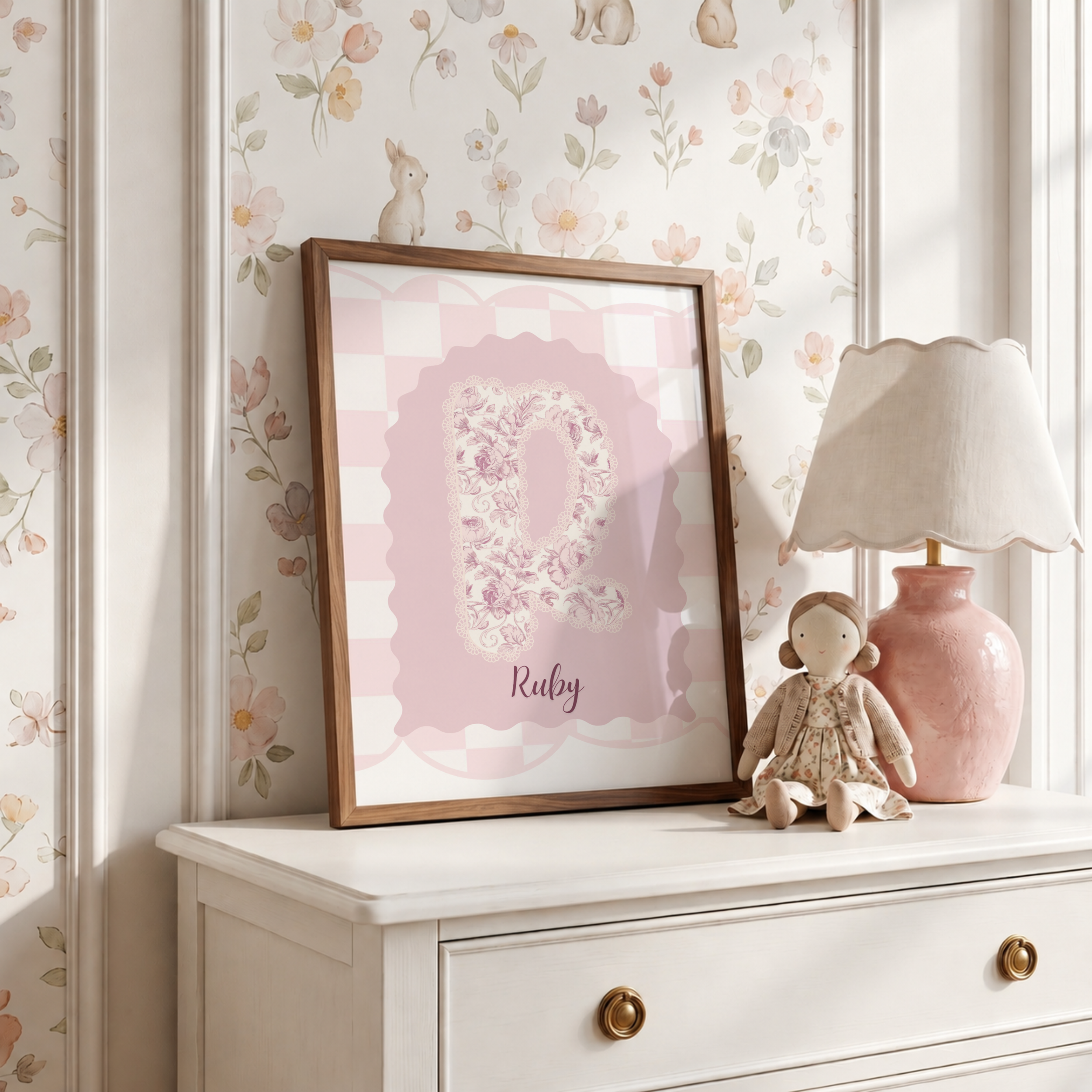 Pink Check & Floral Initial Custom Name Print
