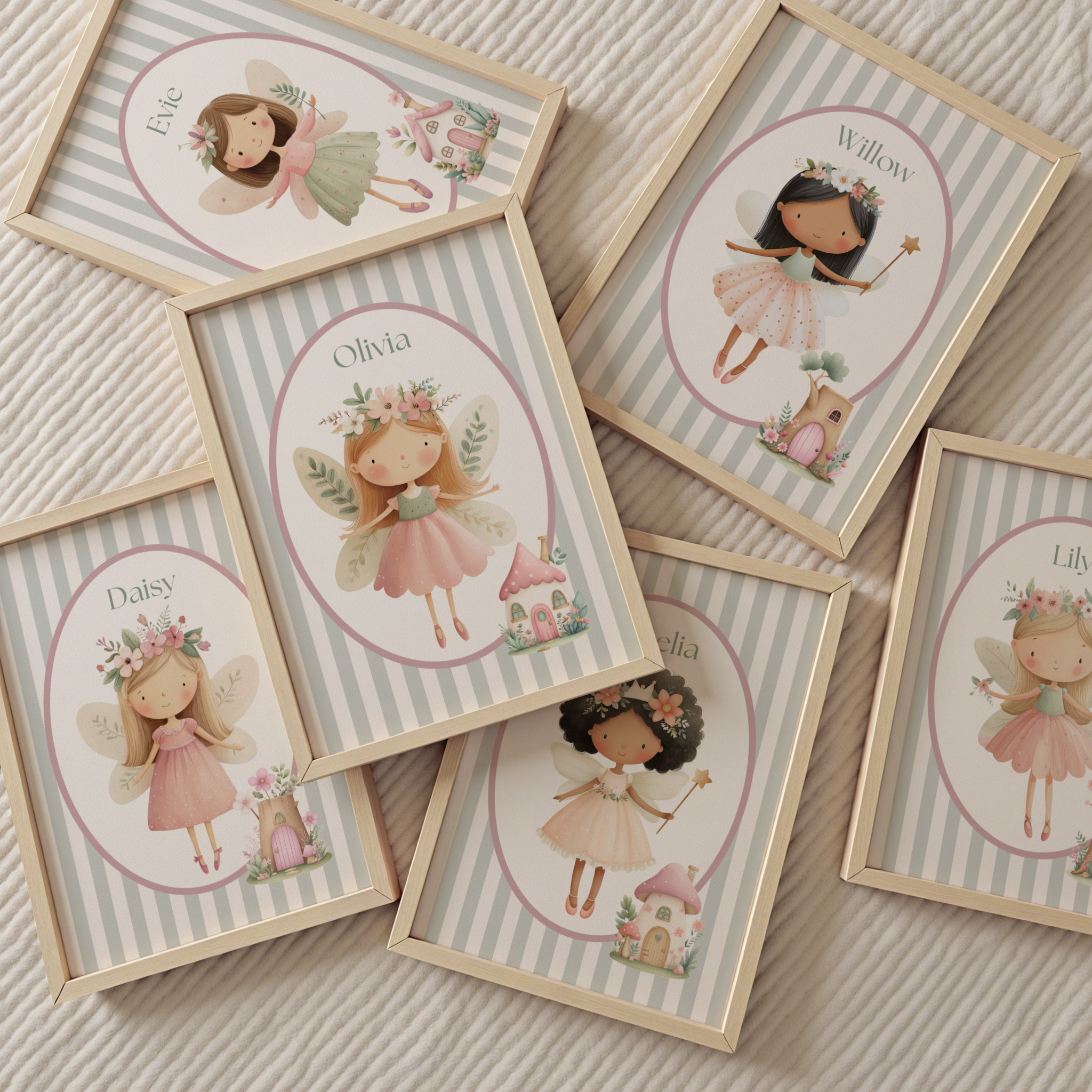 Set of personalized fairy tale name plaques on wood frames, featuring illustrated fairies and houses, with child names Evie, Willow, Olivia, Daisy, and Lily.