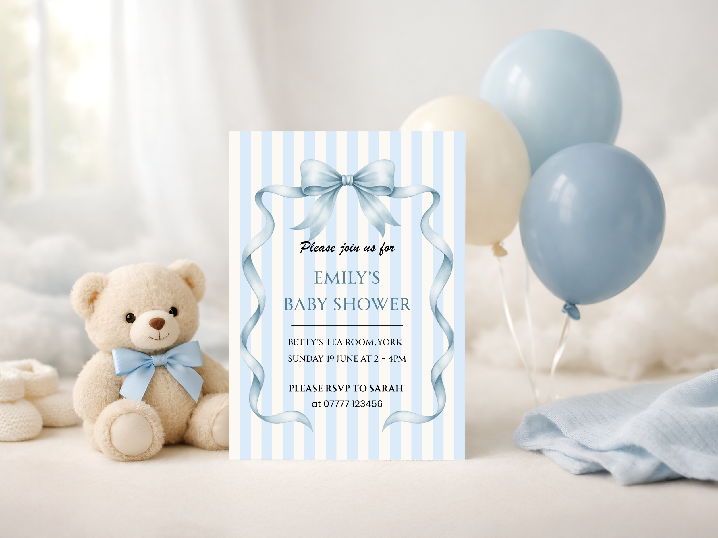 Blue Bow & Stripes Baby Shower Invitation