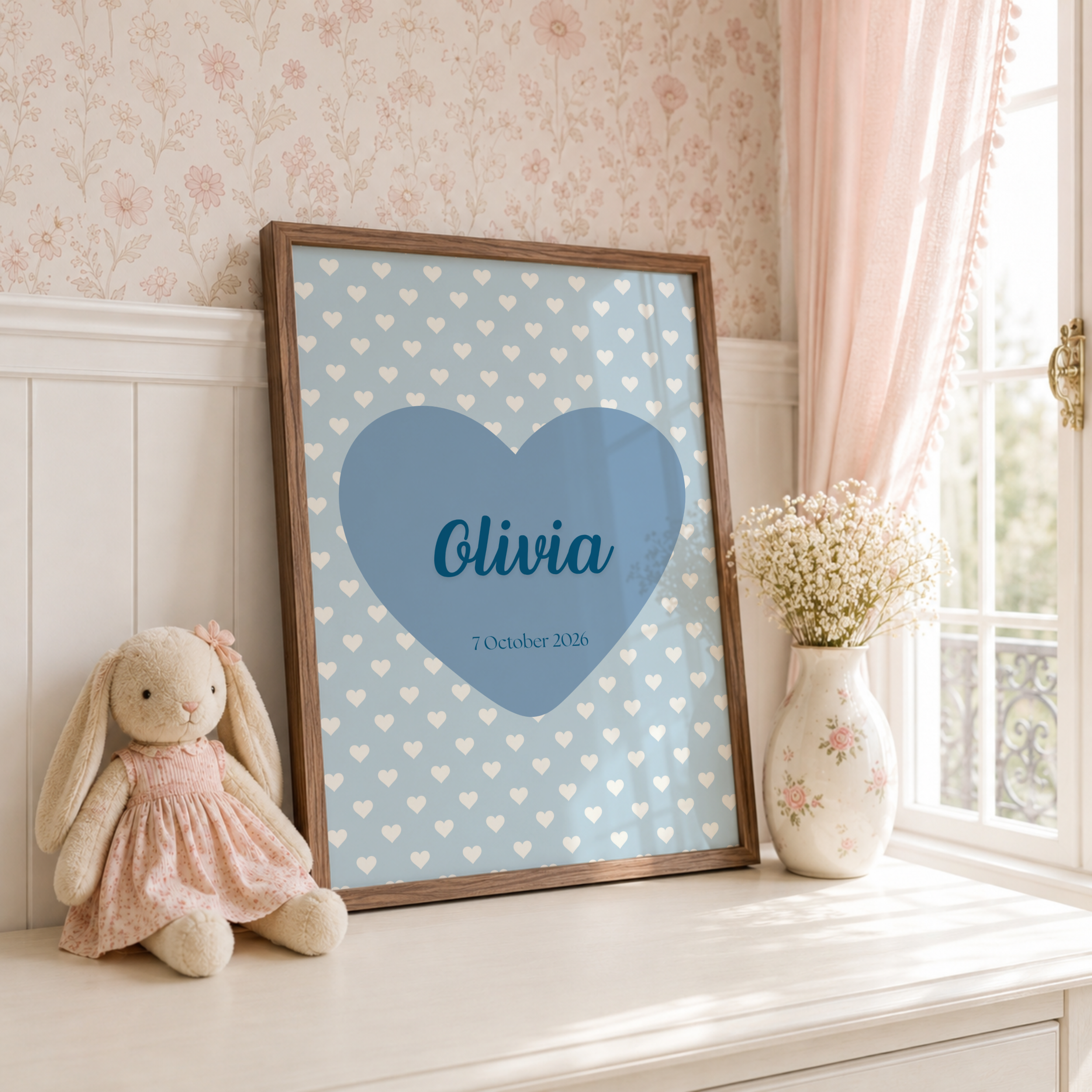 Blue Hearts Nursery Name Print