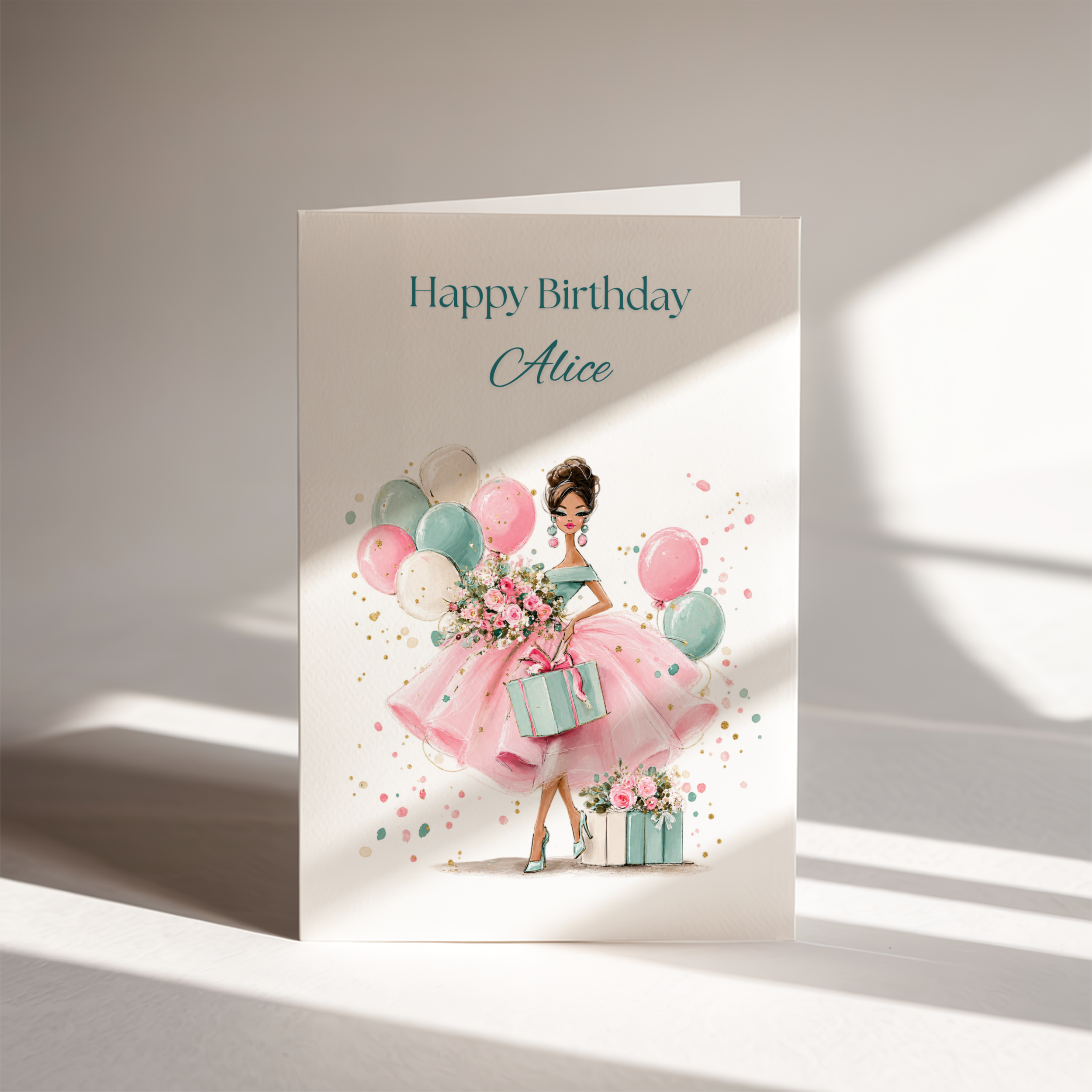 Pastel Pink Dress & Balloons Personalised Birthday Card