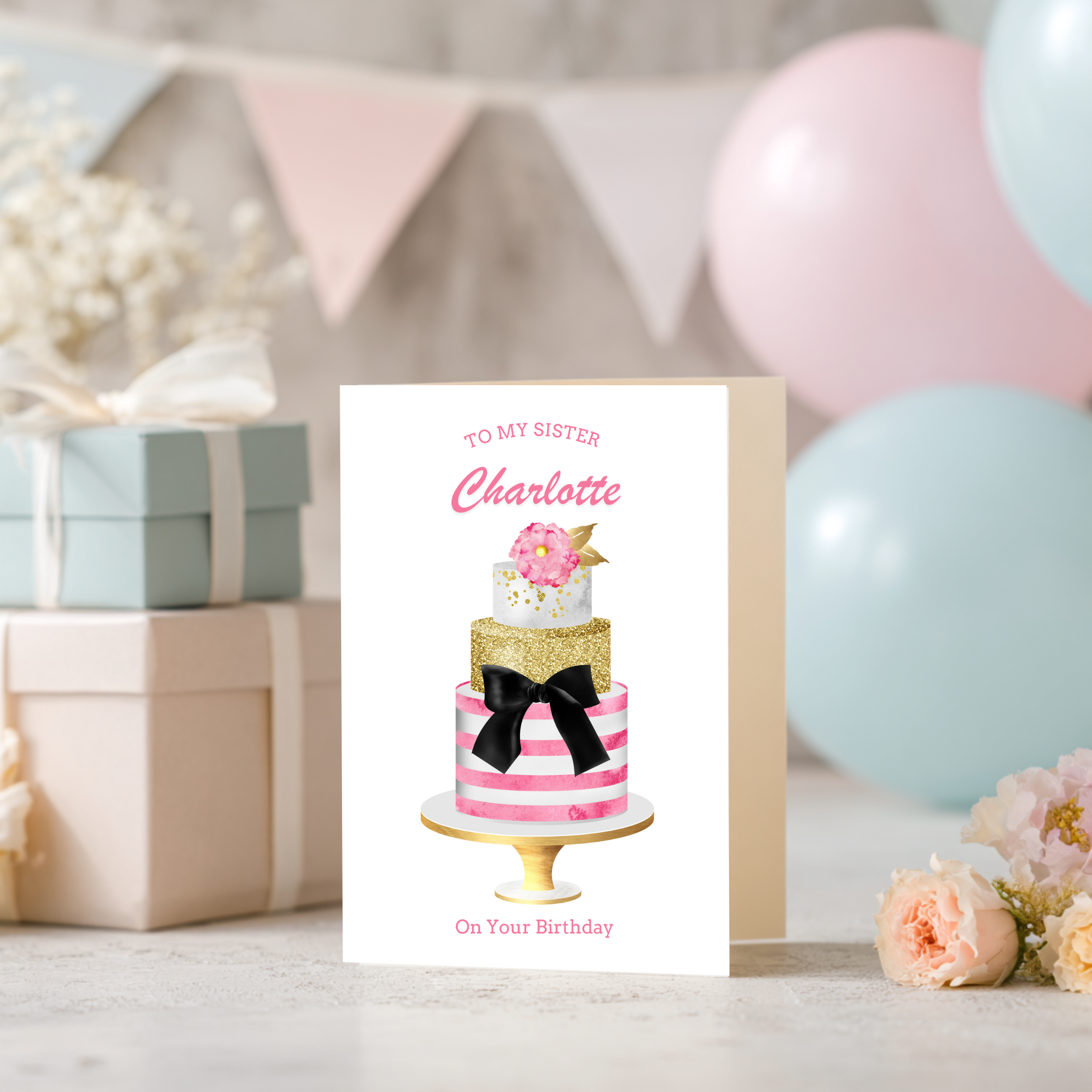 Pink Stripe Bow Birthday Card