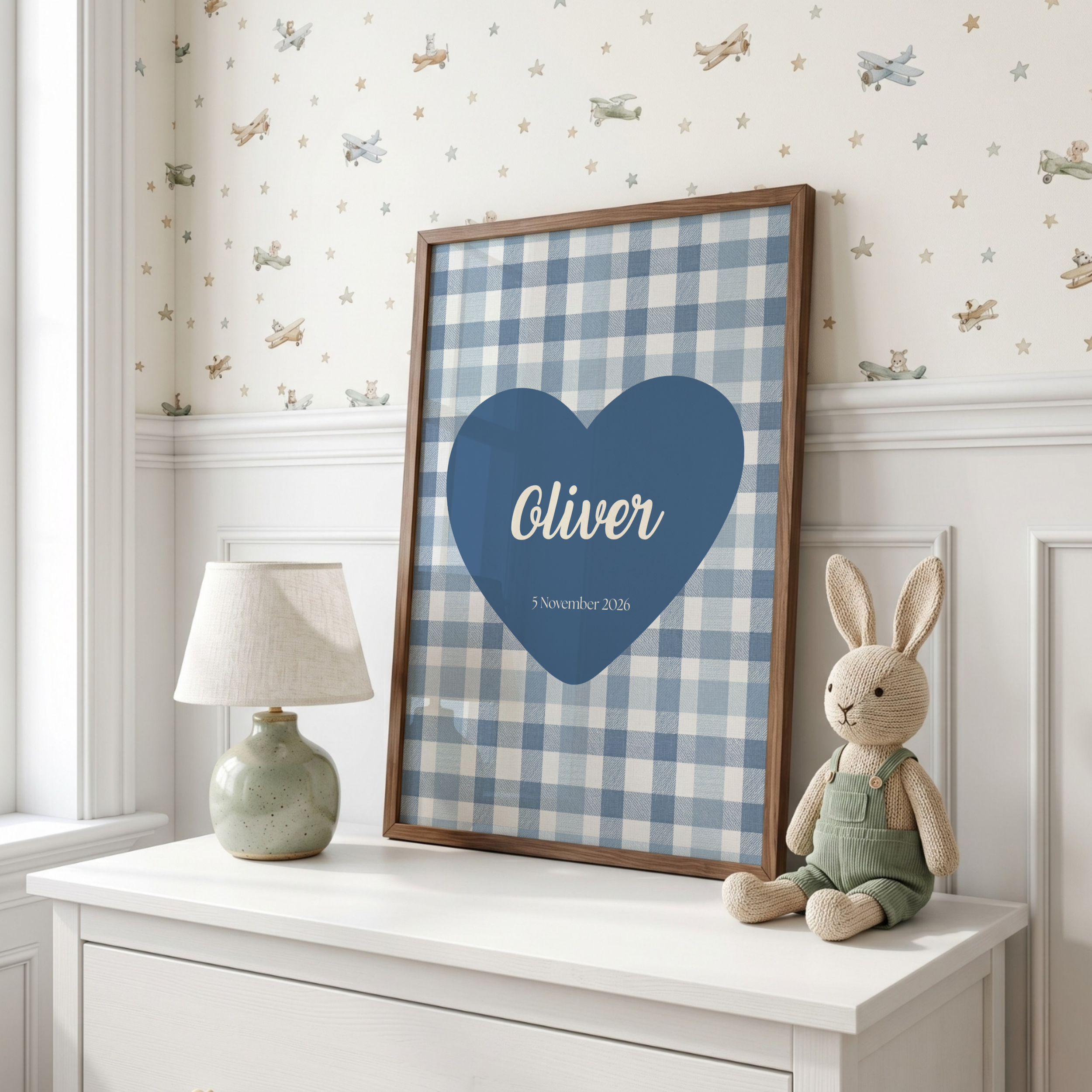 Personalised Blue Gingham Baby Name Print