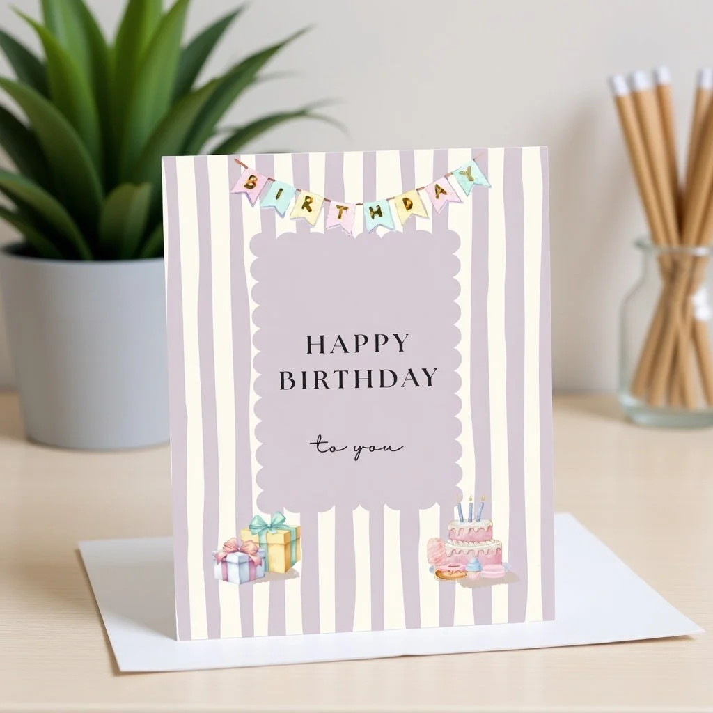 Purple Stripe Cake & Gifts Birthday Card