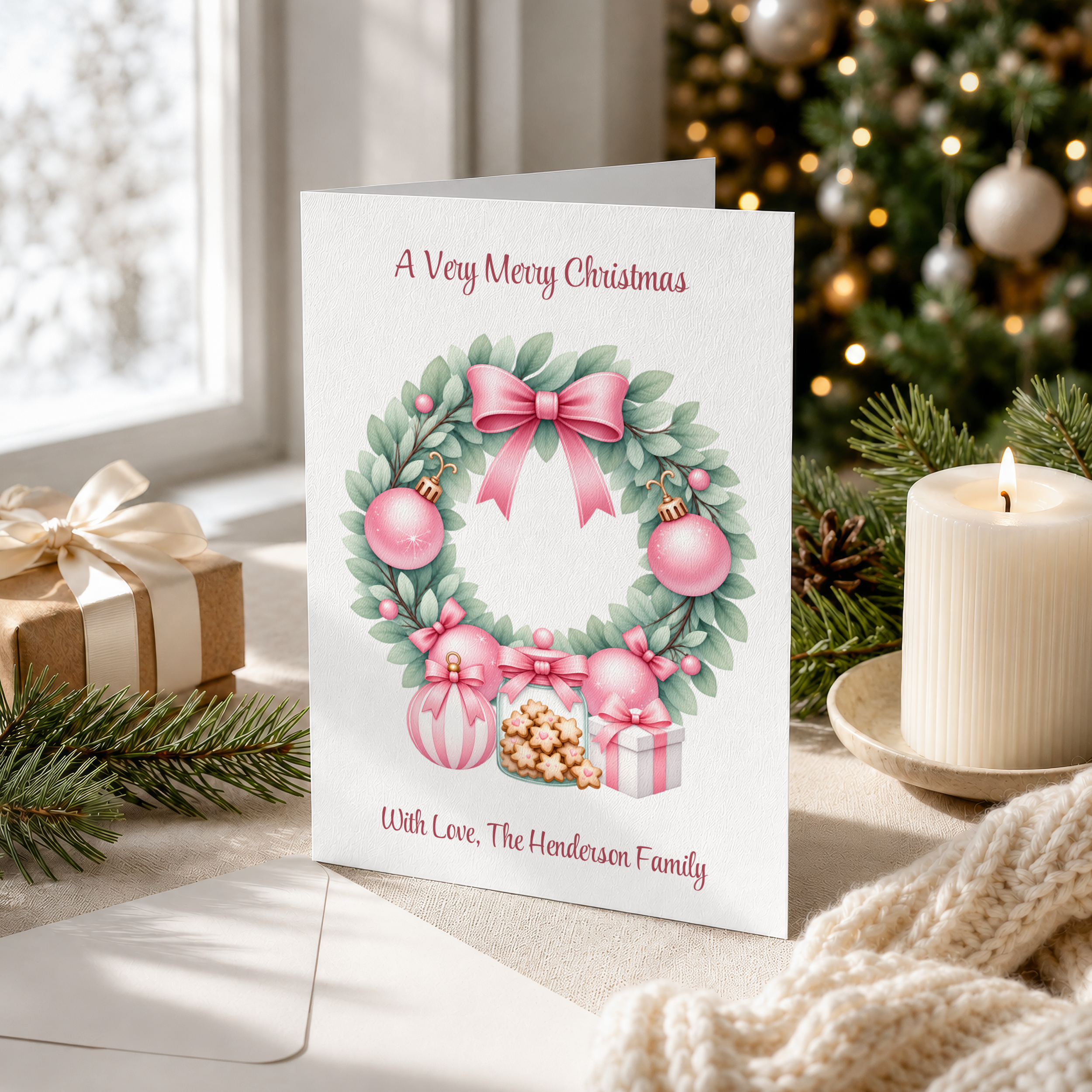 Personalised Pink Christmas Wreath Card