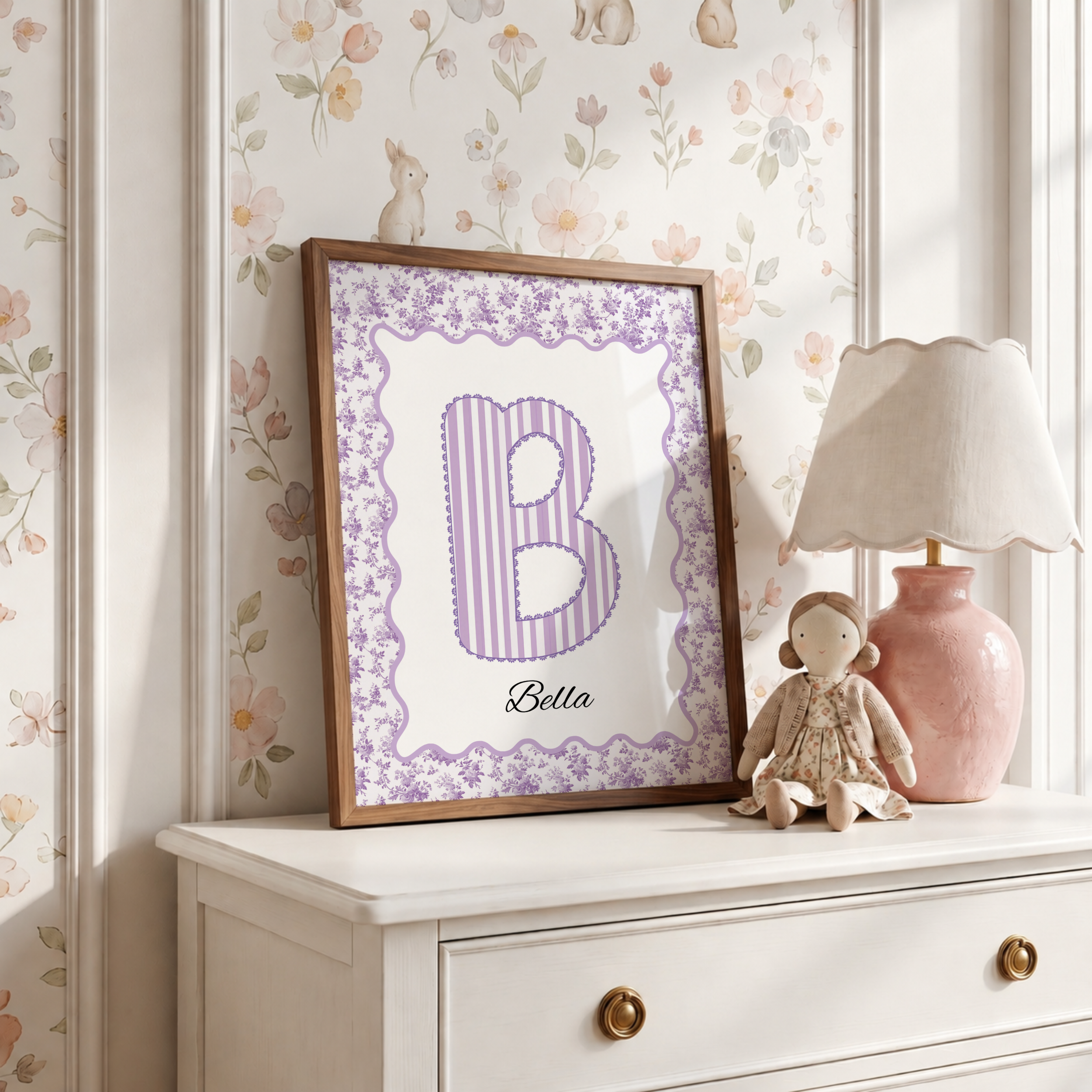 Purple Floral & Stripes Initial Custom Name Print