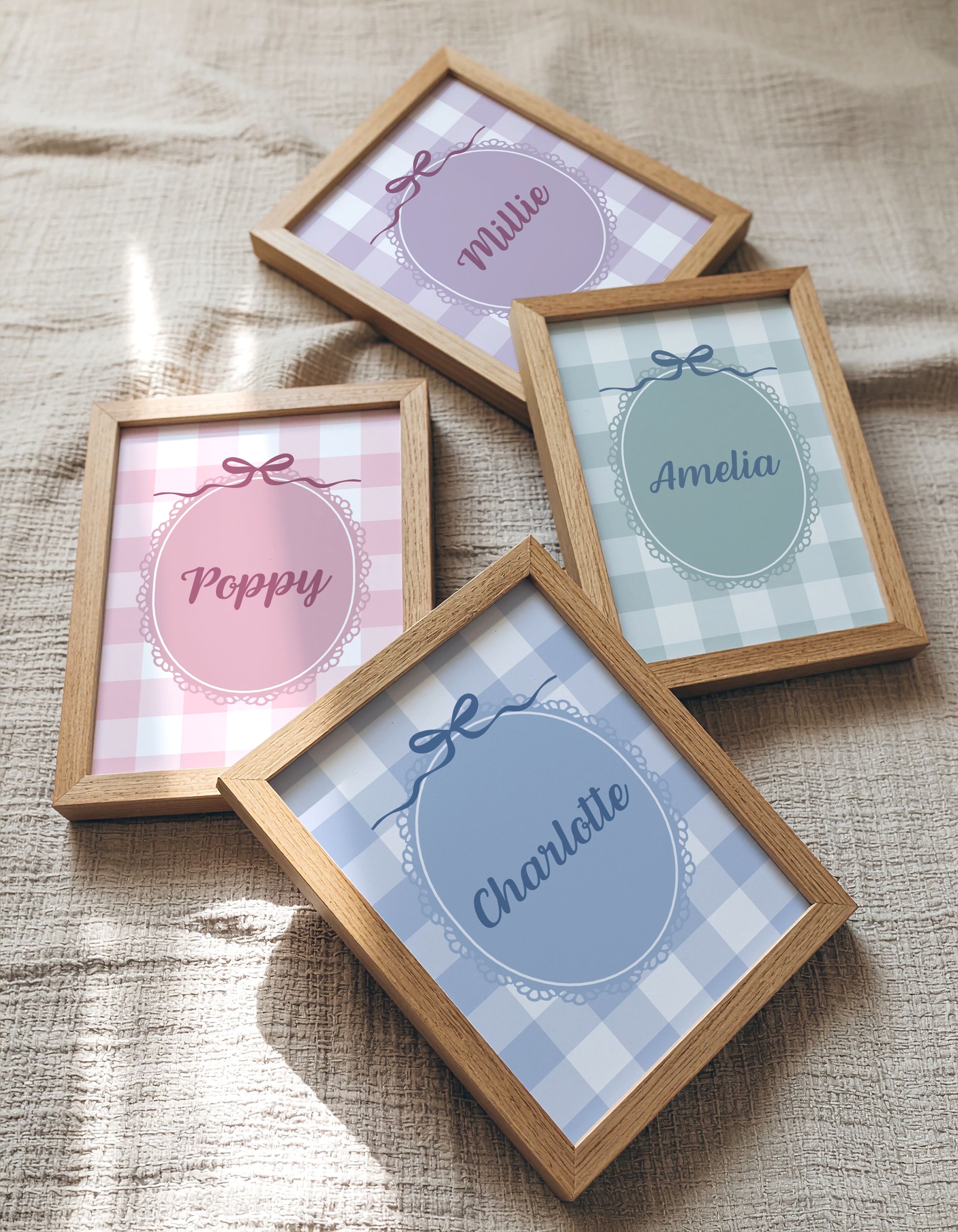 Pastel Gingham Bow Frame Name Print