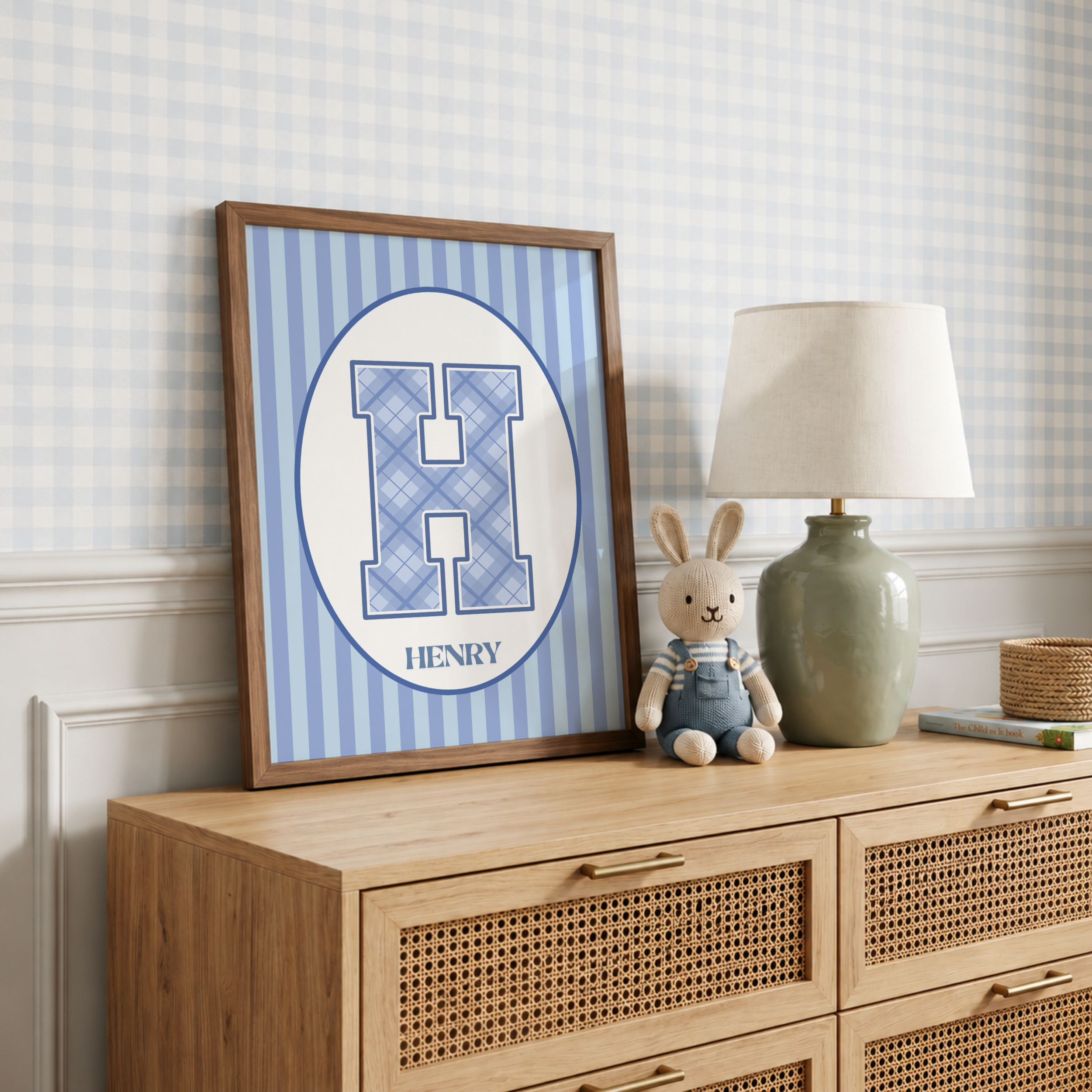 Blue Stripe & Check Initial Custom Name Print
