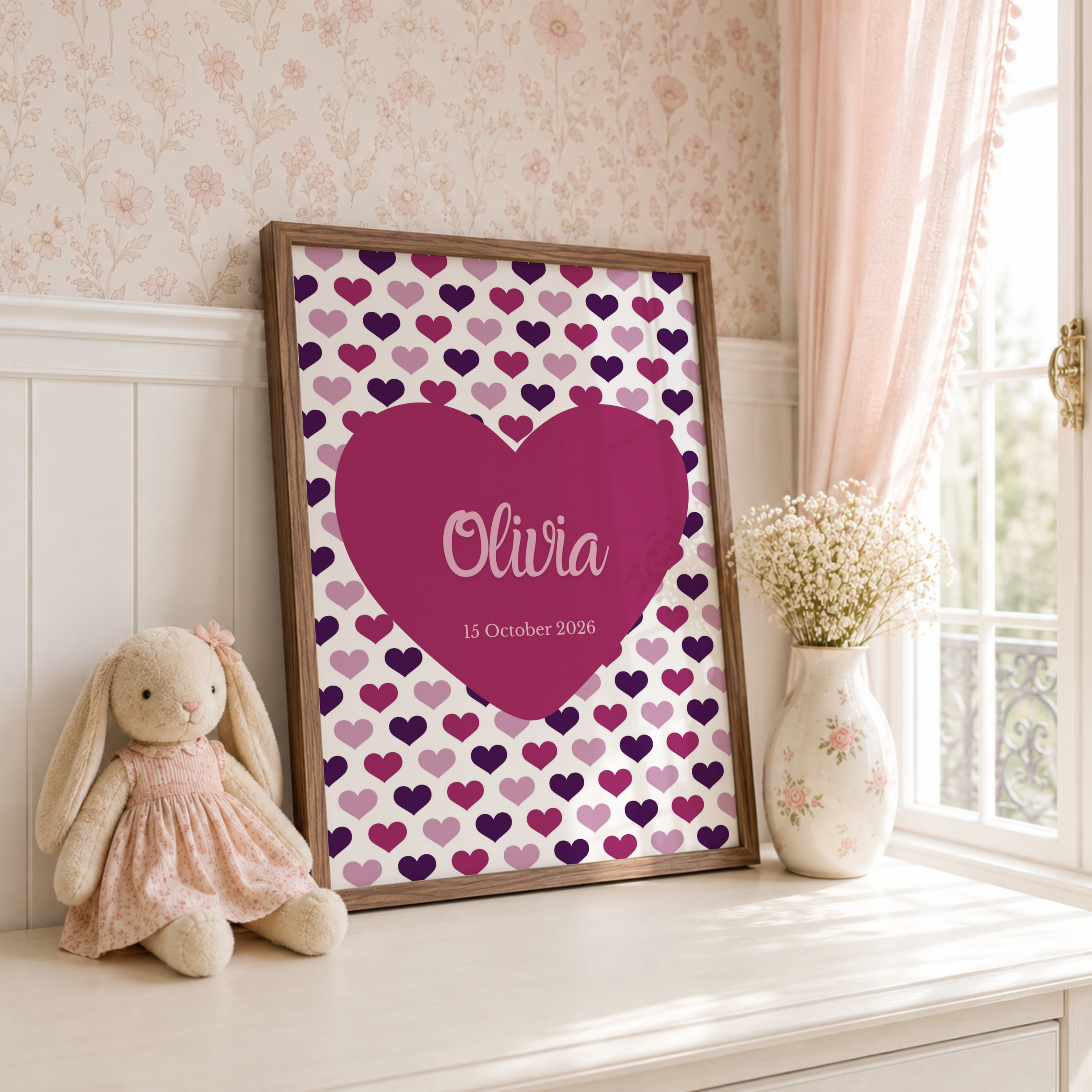 Plum & Pink Hearts Custom Name Print