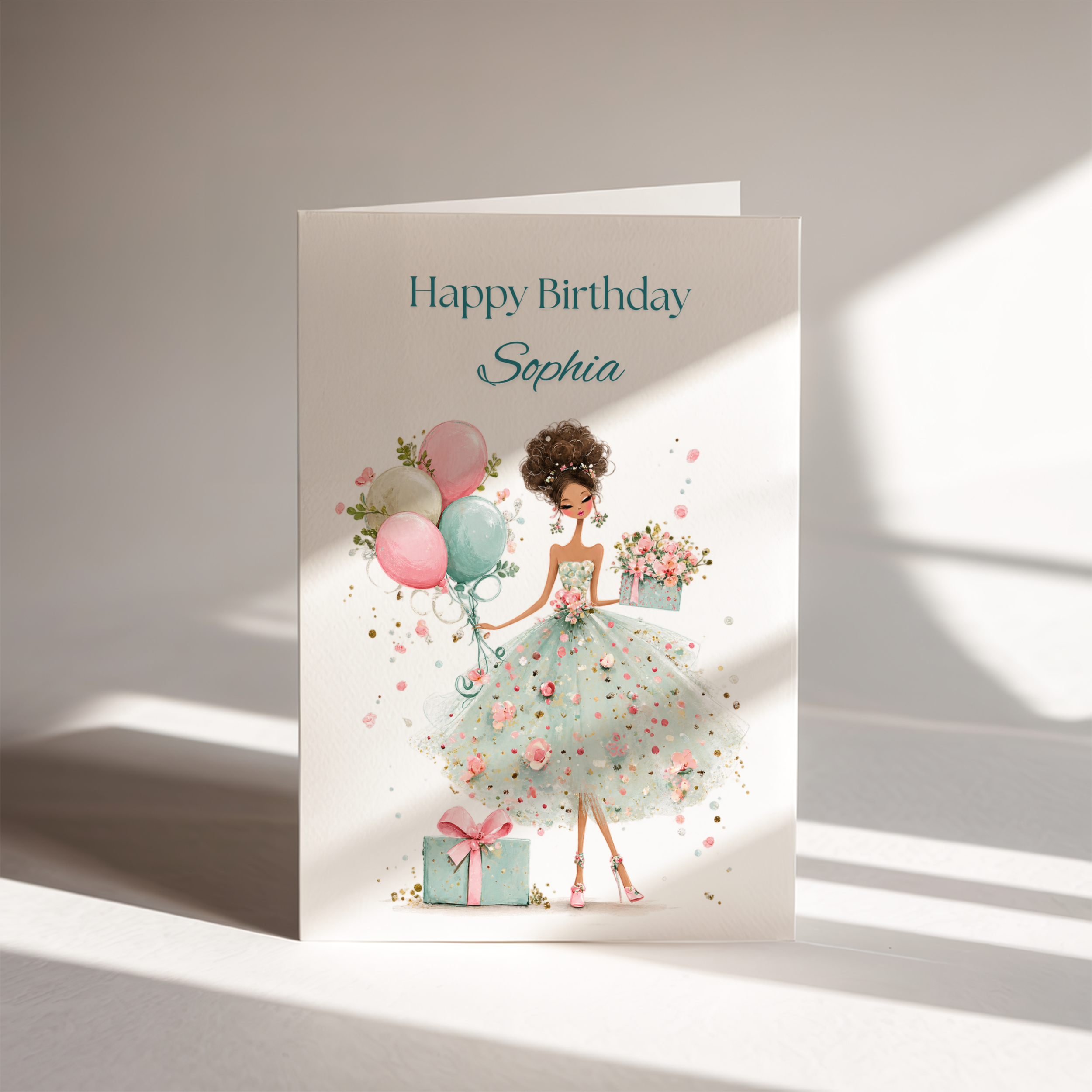 Pastel Blue Dress & Balloons Personalised Card