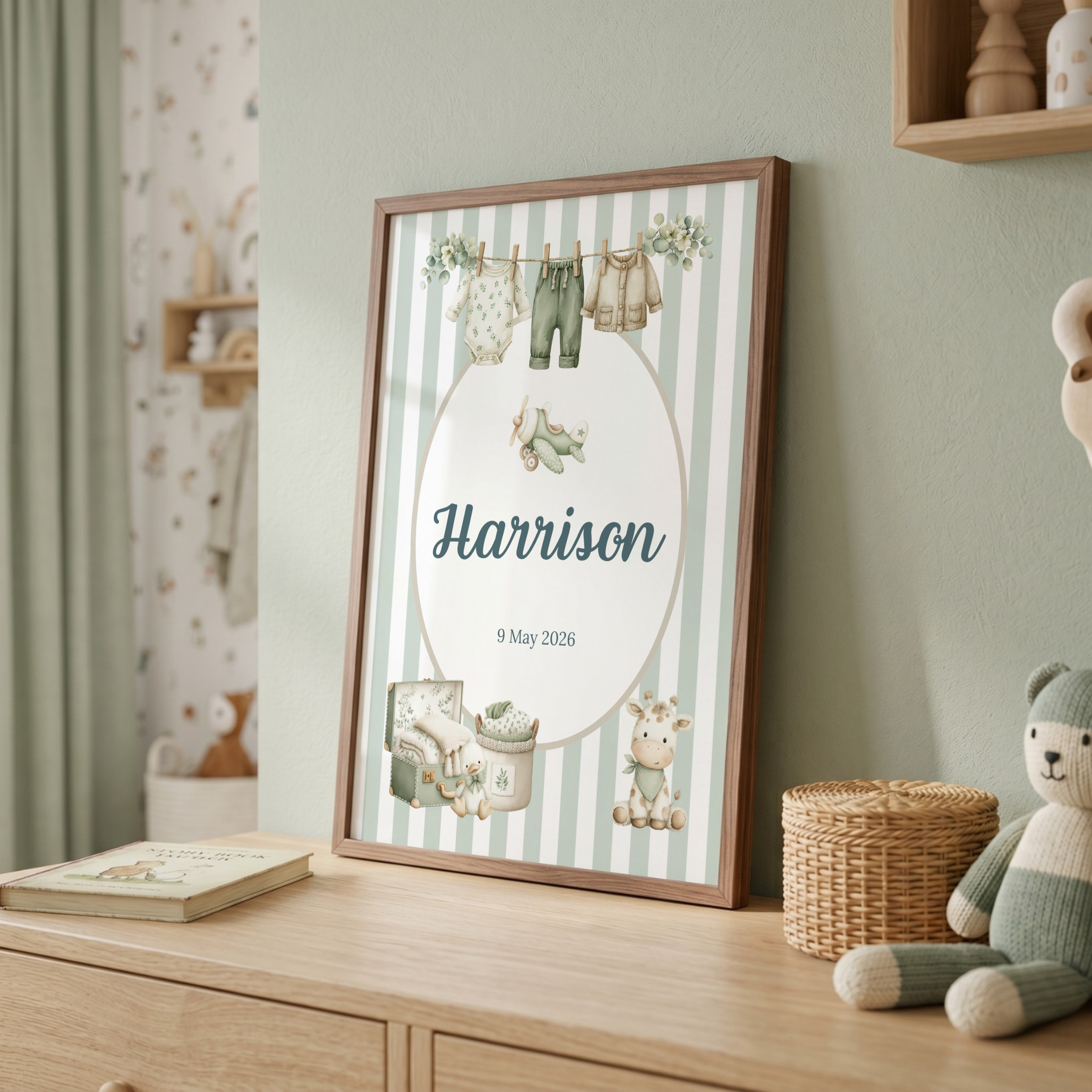 Sage Green Stripe Baby Boy Nursery Print