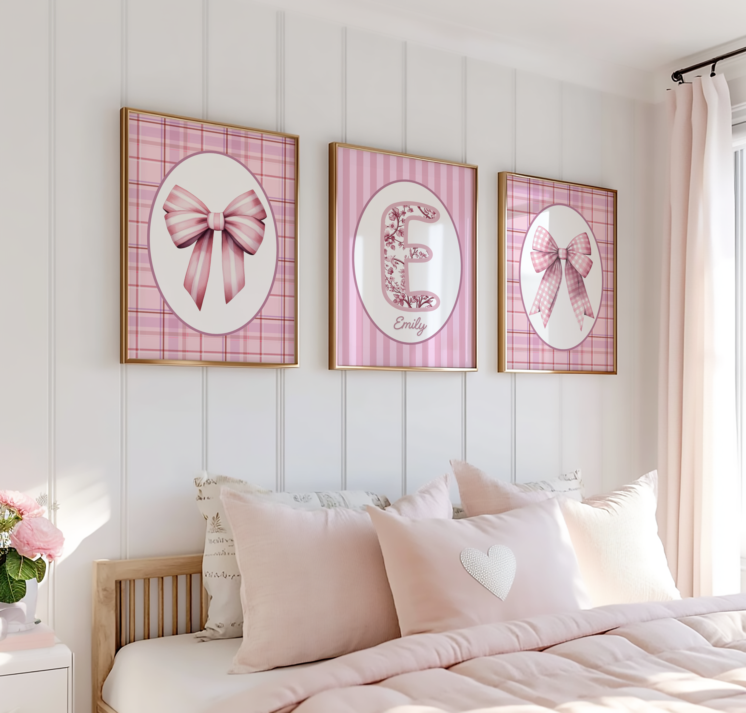 Personalised Pink Bow Nursery Wall Art Set of 3 Prints