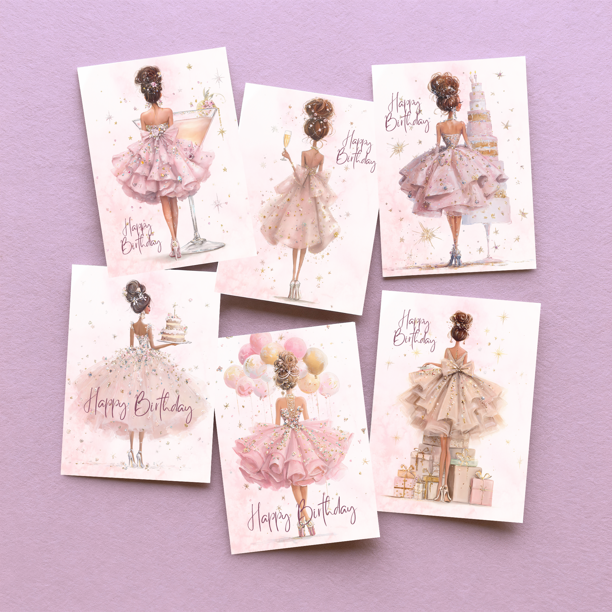 Set of 6 Fashion Illustrated Sparkle Birthday Card 