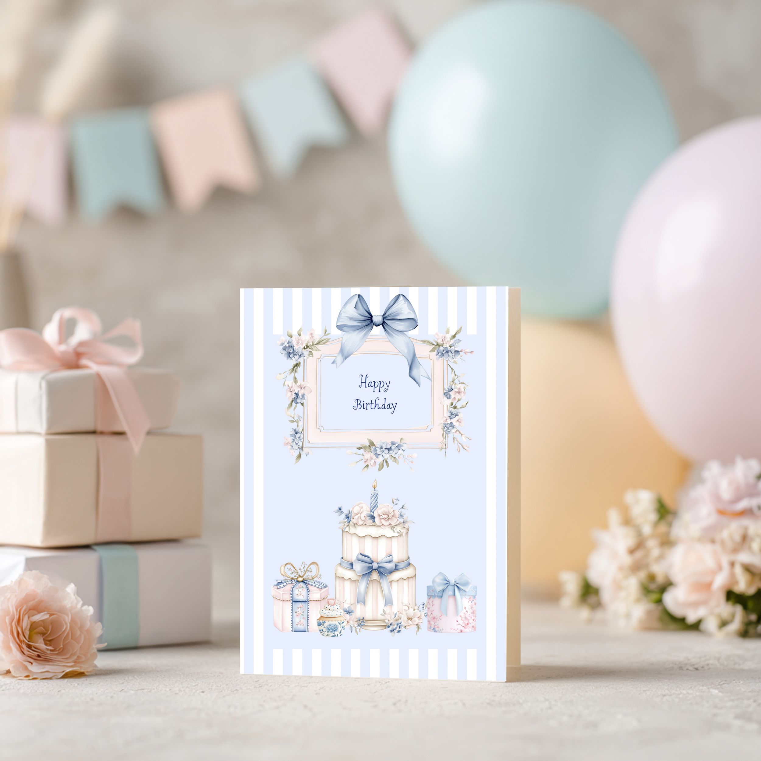 Blue Stripe Bow Birthday Card