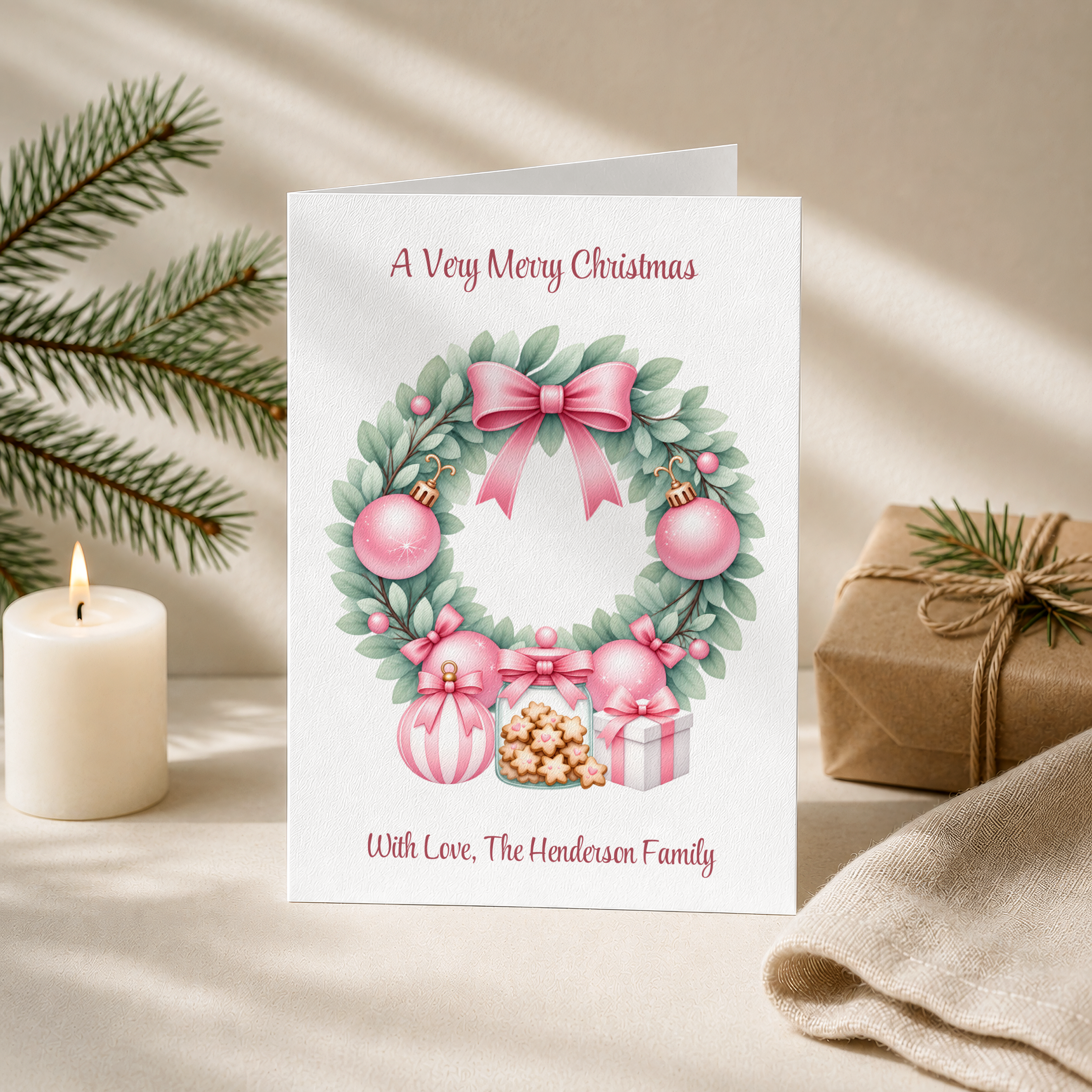 Personalised Pink Christmas Wreath Card