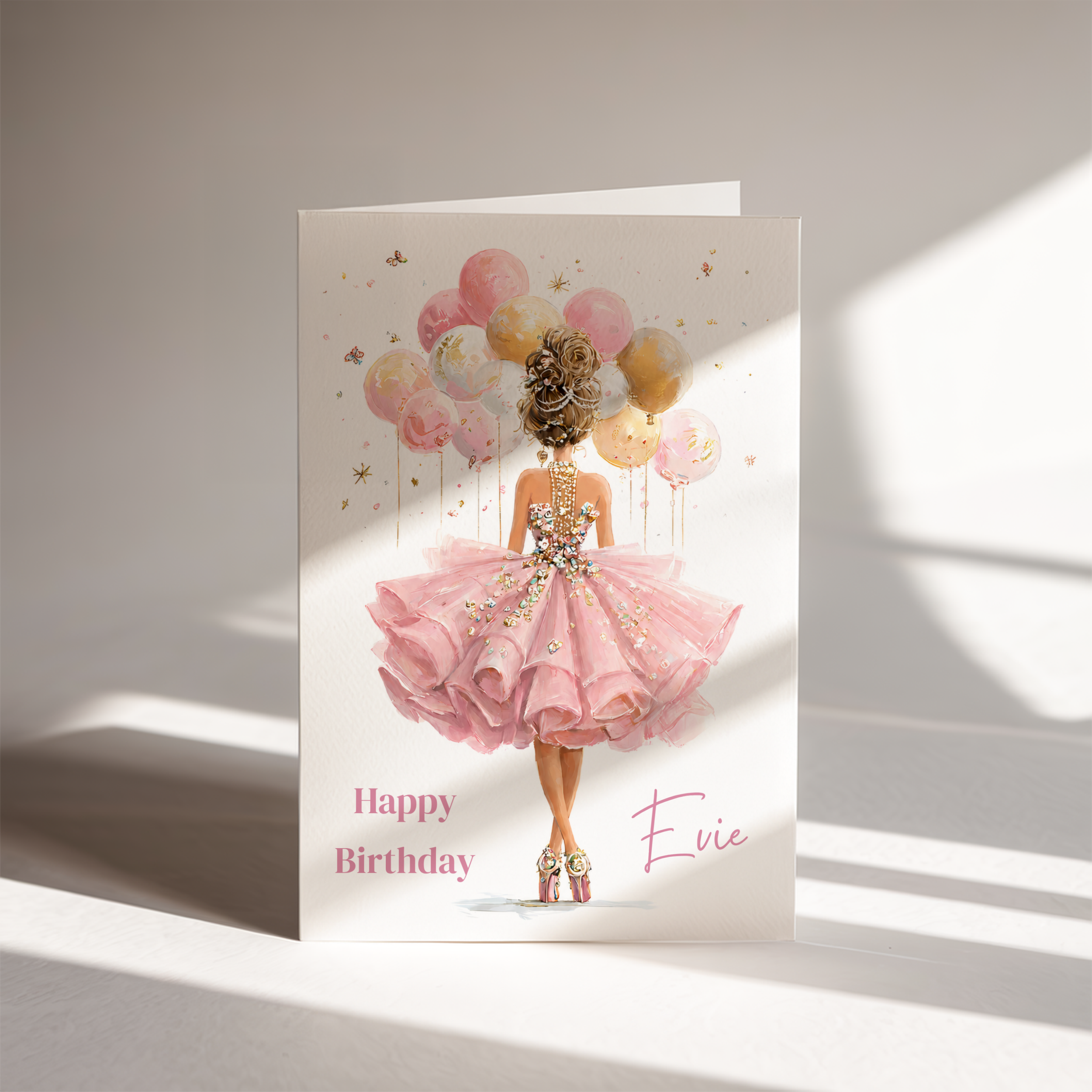 Elegant Pink Dress & Balloons Birthday Card
