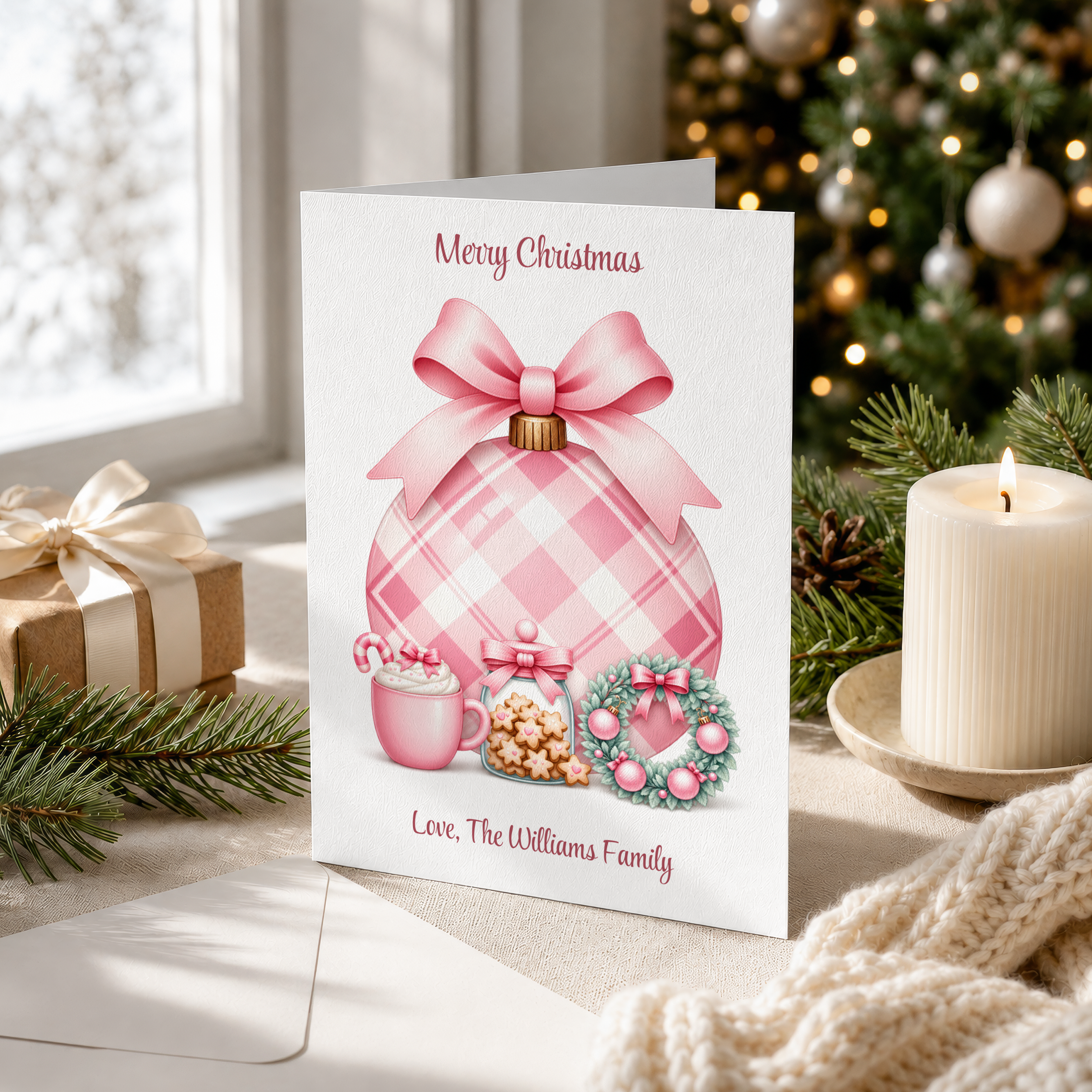 Personalised Pink Plaid Bauble Christmas Card