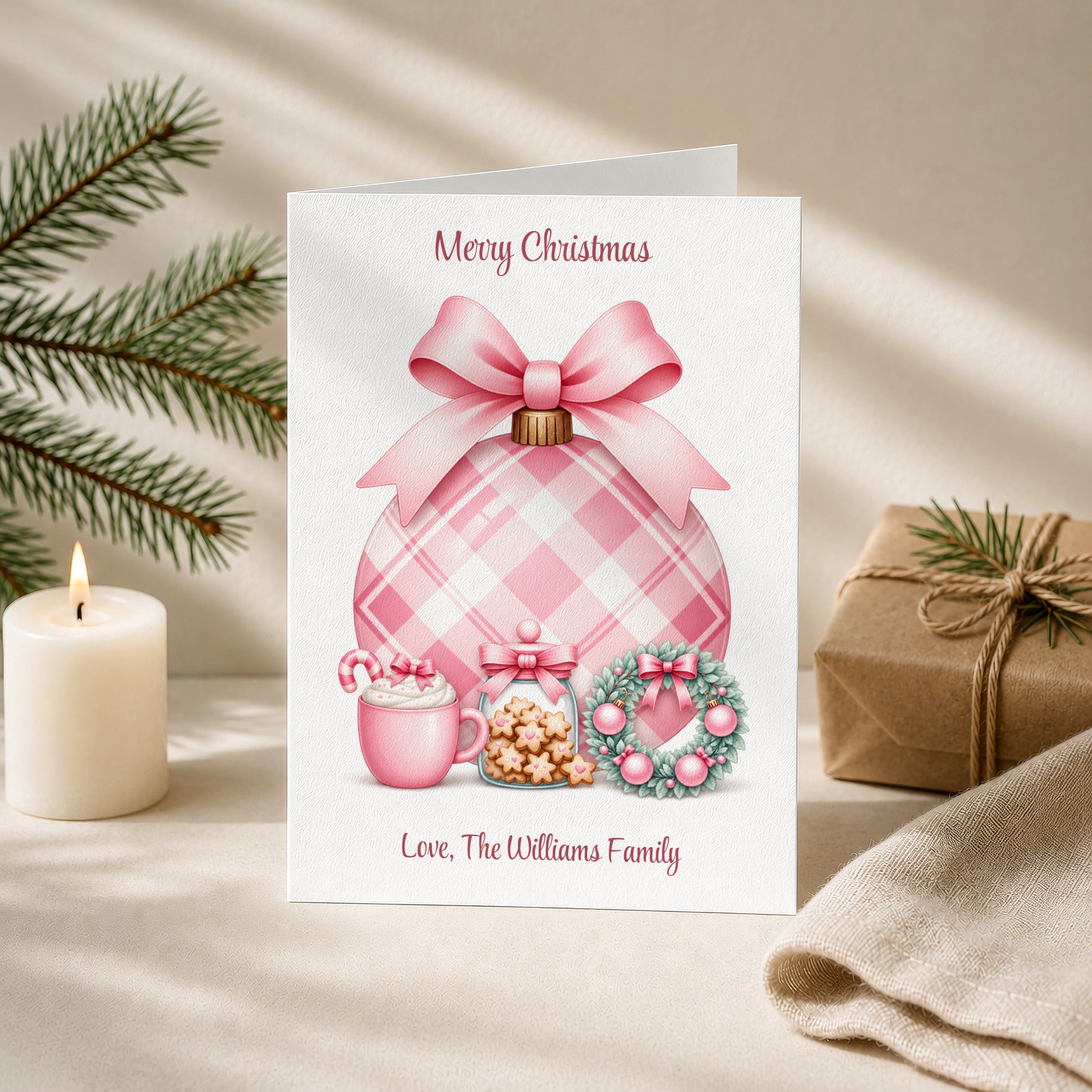 Personalised Pink Plaid Bauble Christmas Card