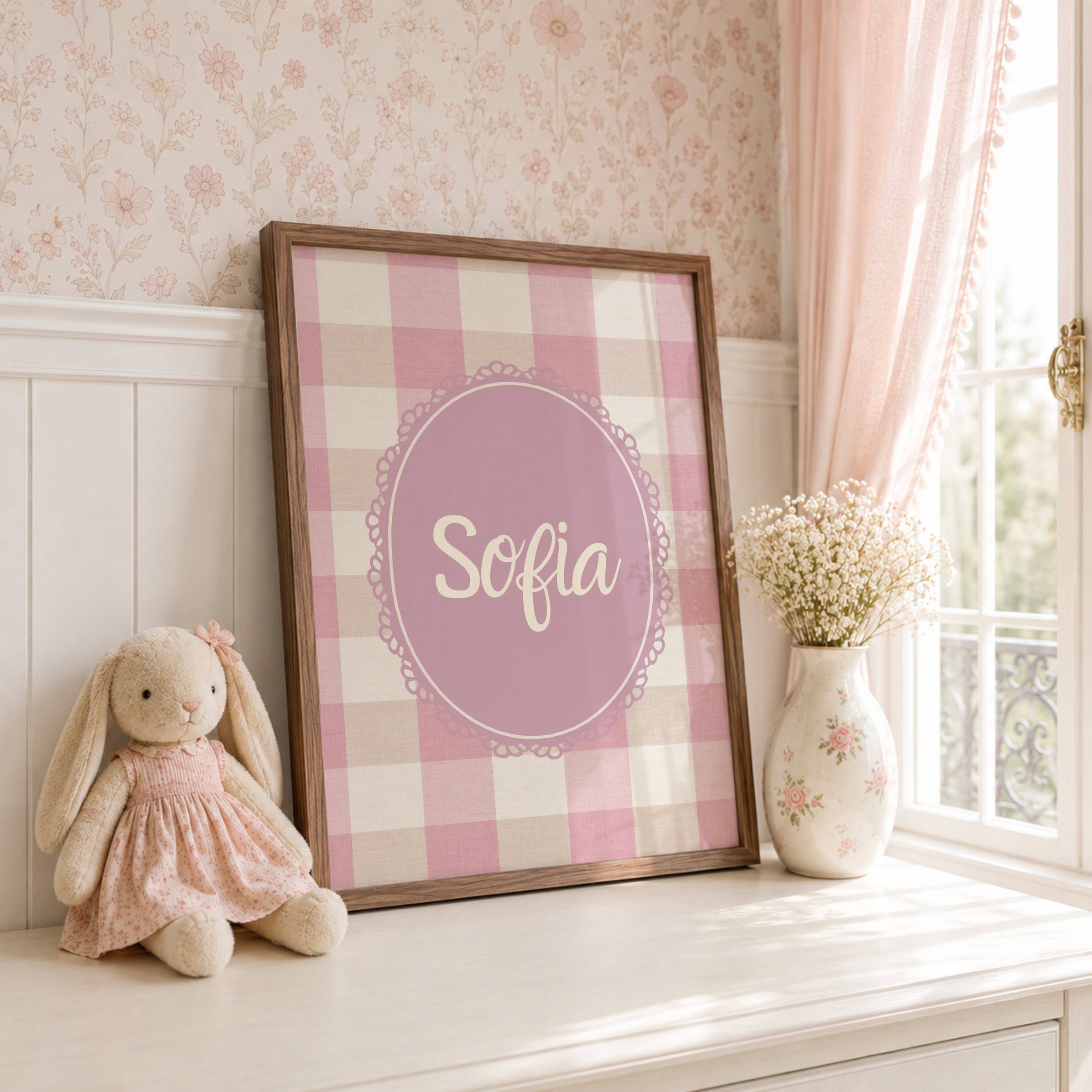 Pink & Cream Gingham Name Print